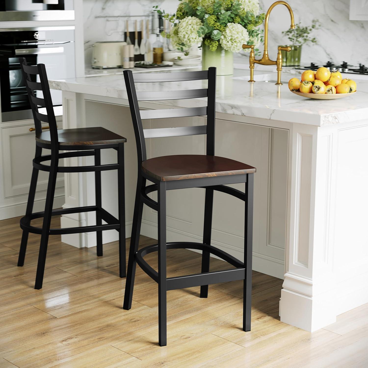 imageFlash Furniture Hercules Series Ladder Back Metal Restaurant Barstool Modern Upholstered Armless Bar Height Chair for Restaurants and Kitchens BlackMahogany Wood SeatBlack Metal Frame