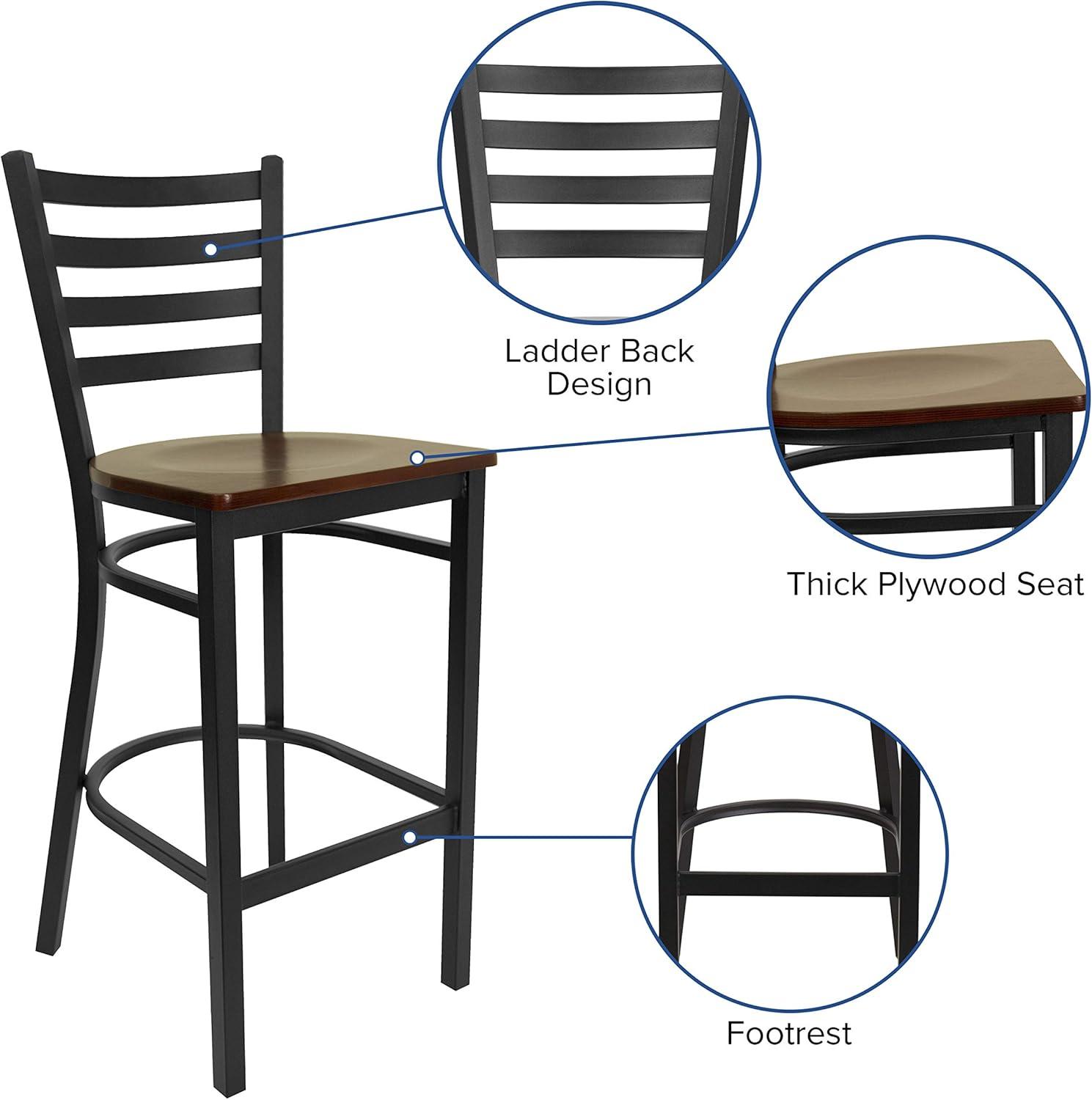 imageFlash Furniture Hercules Series Ladder Back Metal Restaurant Barstool Modern Upholstered Armless Bar Height Chair for Restaurants and Kitchens BlackMahogany Wood SeatBlack Metal Frame