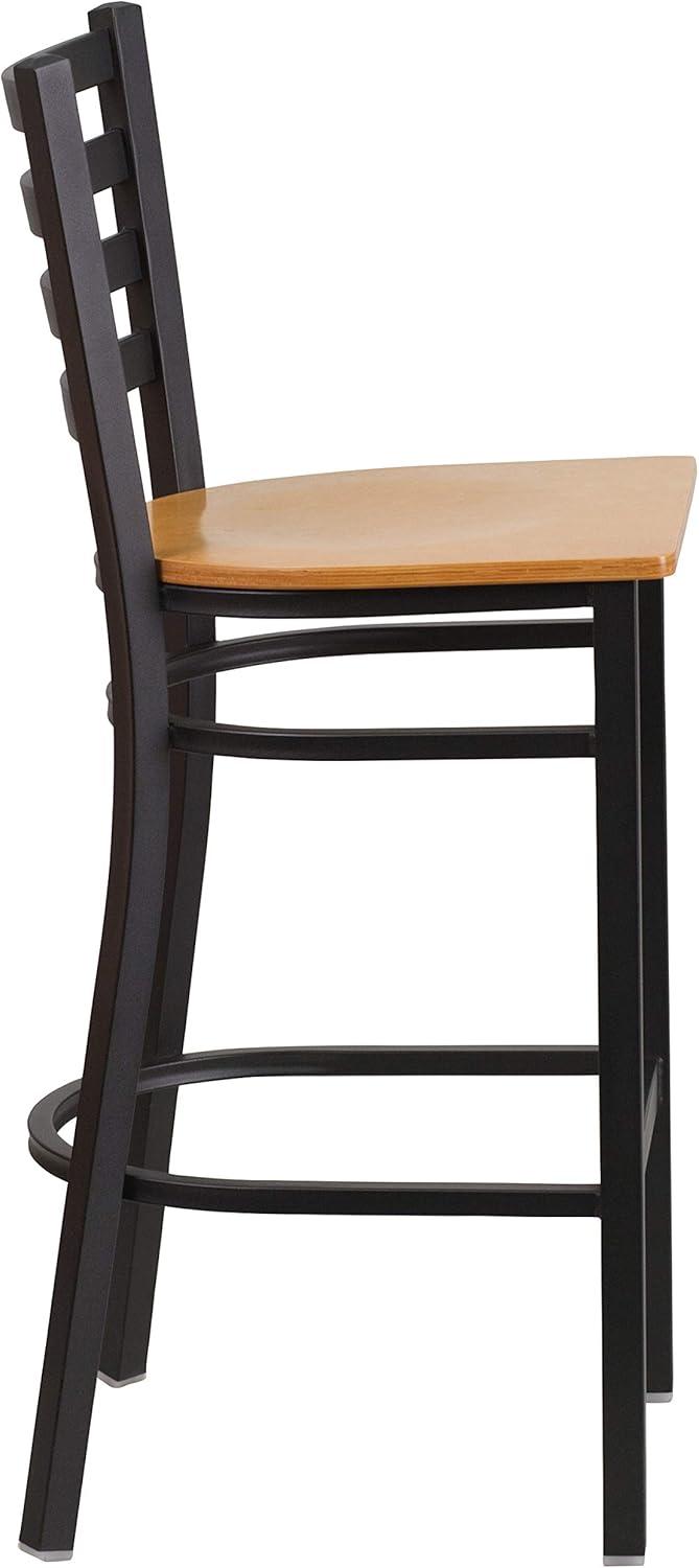 imageFlash Furniture Hercules Series Ladder Back Metal Restaurant Barstool Modern Upholstered Armless Bar Height Chair for Restaurants and Kitchens BlackNatural Wood SeatBlack Metal Frame