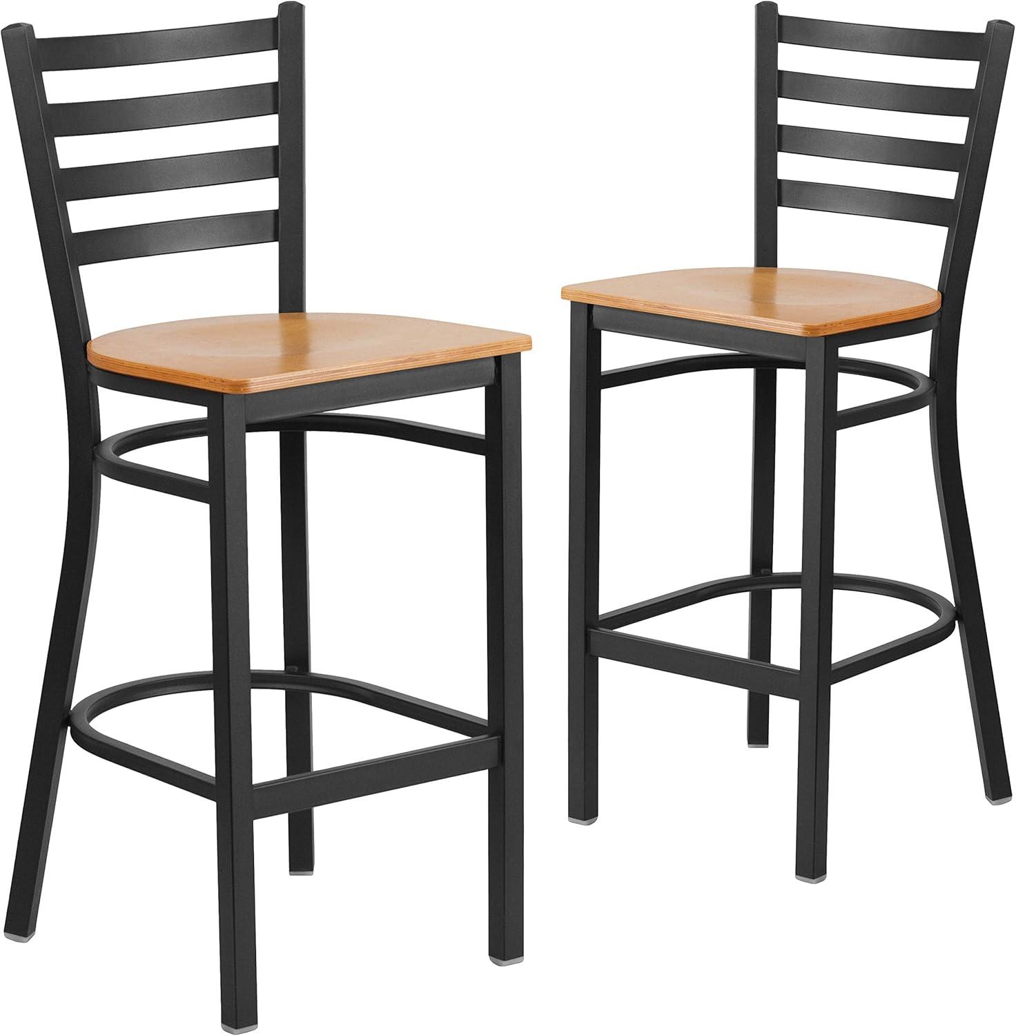 imageFlash Furniture Hercules Series Ladder Back Metal Restaurant Barstool Modern Upholstered Armless Bar Height Chair for Restaurants and Kitchens BlackNatural Wood SeatBlack Metal Frame