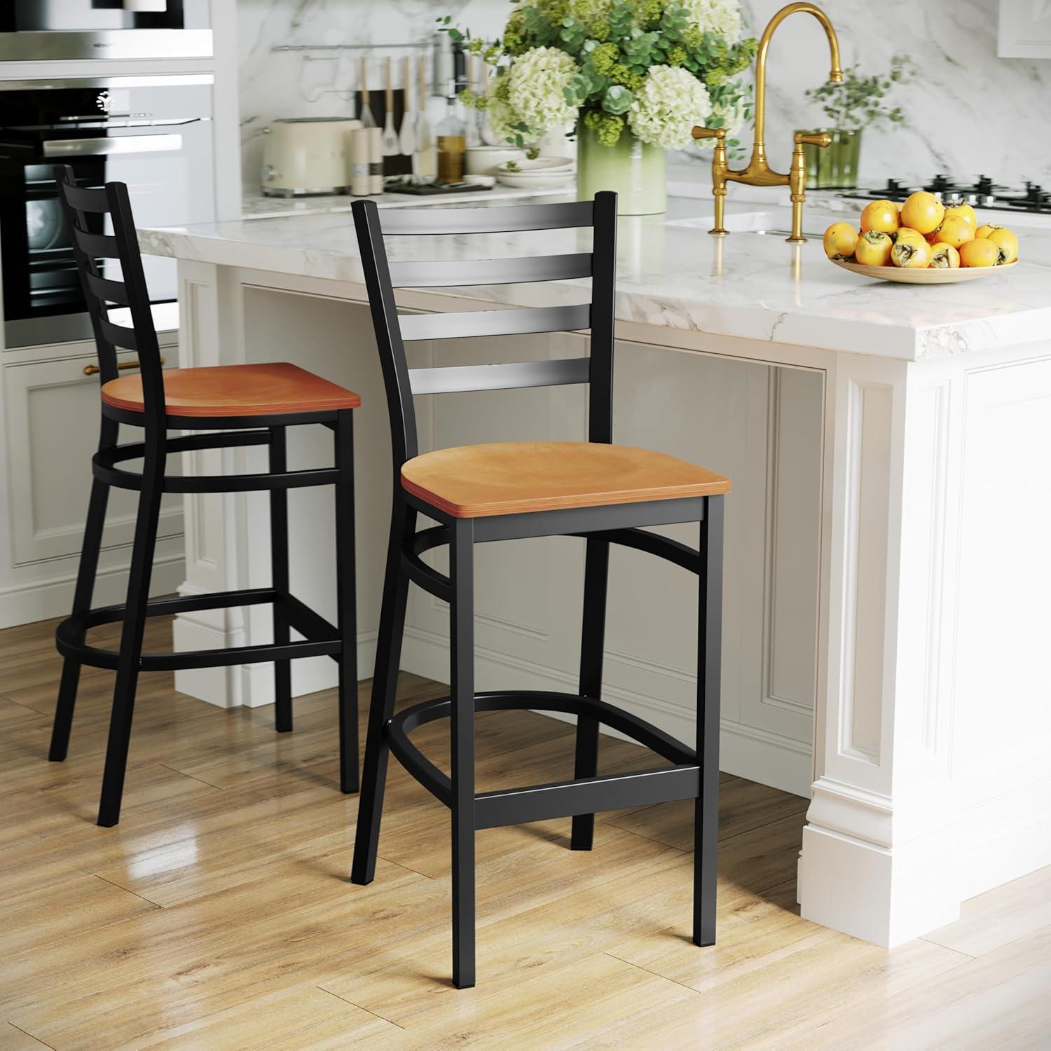 imageFlash Furniture Hercules Series Ladder Back Metal Restaurant Barstool Modern Upholstered Armless Bar Height Chair for Restaurants and Kitchens BlackNatural Wood SeatBlack Metal Frame