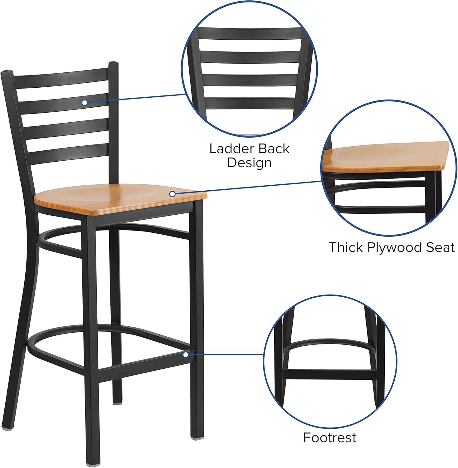 imageFlash Furniture Hercules Series Ladder Back Metal Restaurant Barstool Modern Upholstered Armless Bar Height Chair for Restaurants and Kitchens BlackNatural Wood SeatBlack Metal Frame