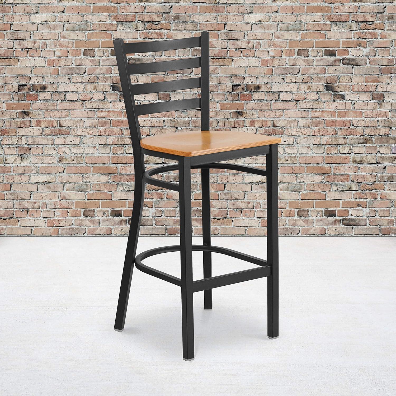 imageFlash Furniture Hercules Series Ladder Back Metal Restaurant Barstool Modern Upholstered Armless Bar Height Chair for Restaurants and Kitchens BlackNatural Wood SeatBlack Metal Frame