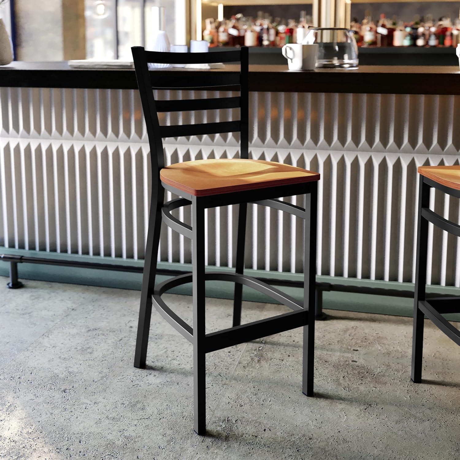 imageFlash Furniture Hercules Series Ladder Back Metal Restaurant Barstool Modern Upholstered Armless Bar Height Chair for Restaurants and Kitchens BlackNatural Wood SeatBlack Metal Frame