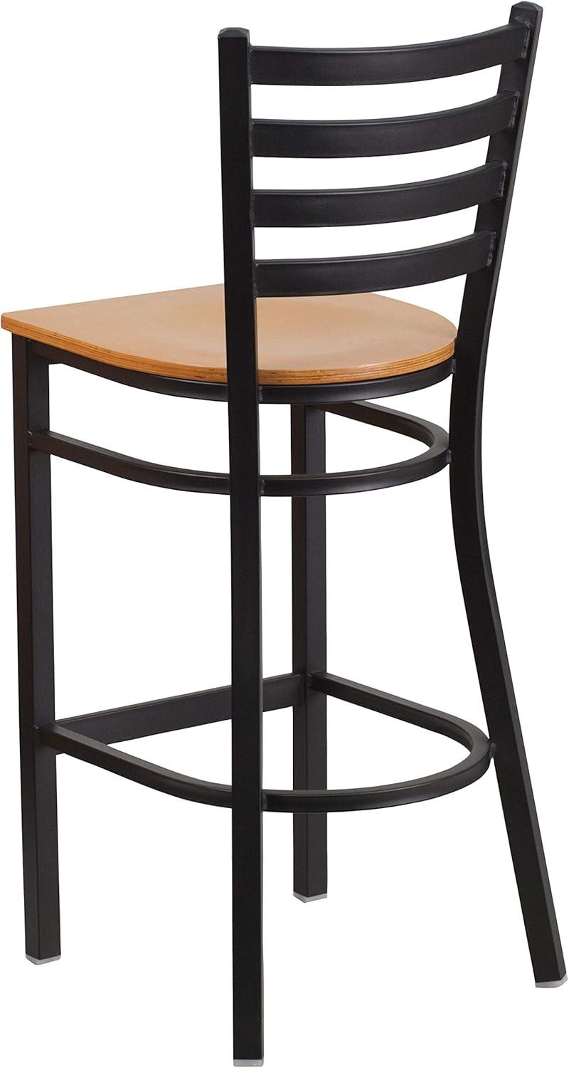 imageFlash Furniture Hercules Series Ladder Back Metal Restaurant Barstool Modern Upholstered Armless Bar Height Chair for Restaurants and Kitchens BlackNatural Wood SeatBlack Metal Frame