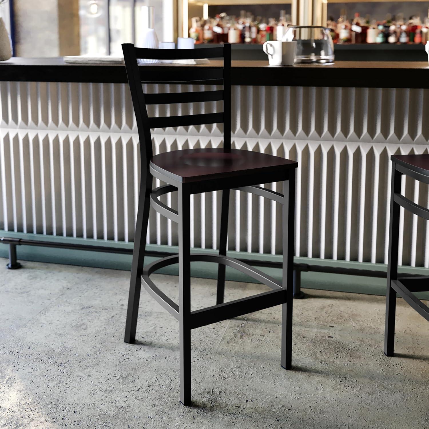 imageFlash Furniture Hercules Series Ladder Back Metal Restaurant Barstool Modern Upholstered Armless Bar Height Chair for Restaurants and Kitchens BlackWalnut Wood SeatBlack Metal Frame