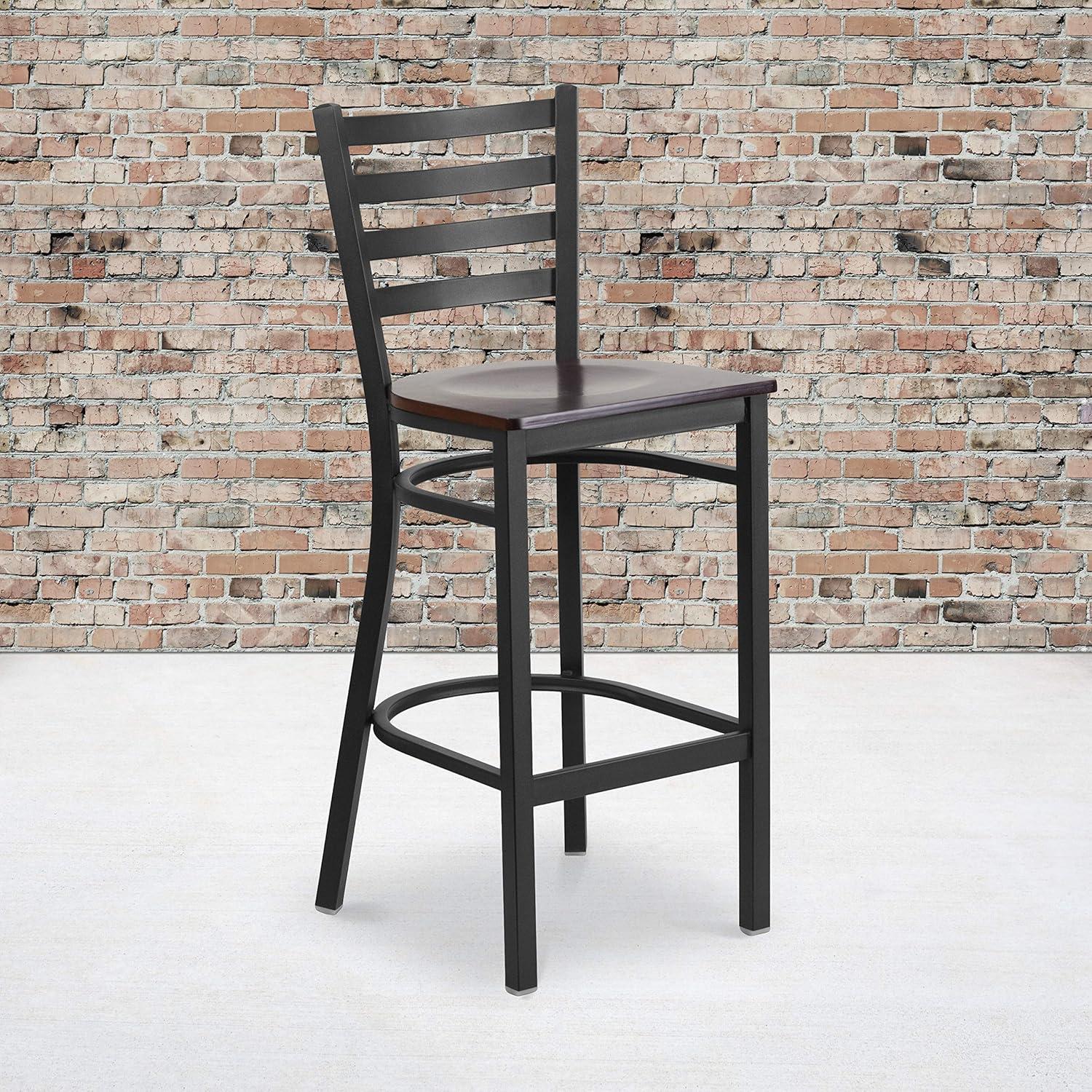 imageFlash Furniture Hercules Series Ladder Back Metal Restaurant Barstool Modern Upholstered Armless Bar Height Chair for Restaurants and Kitchens BlackWalnut Wood SeatBlack Metal Frame