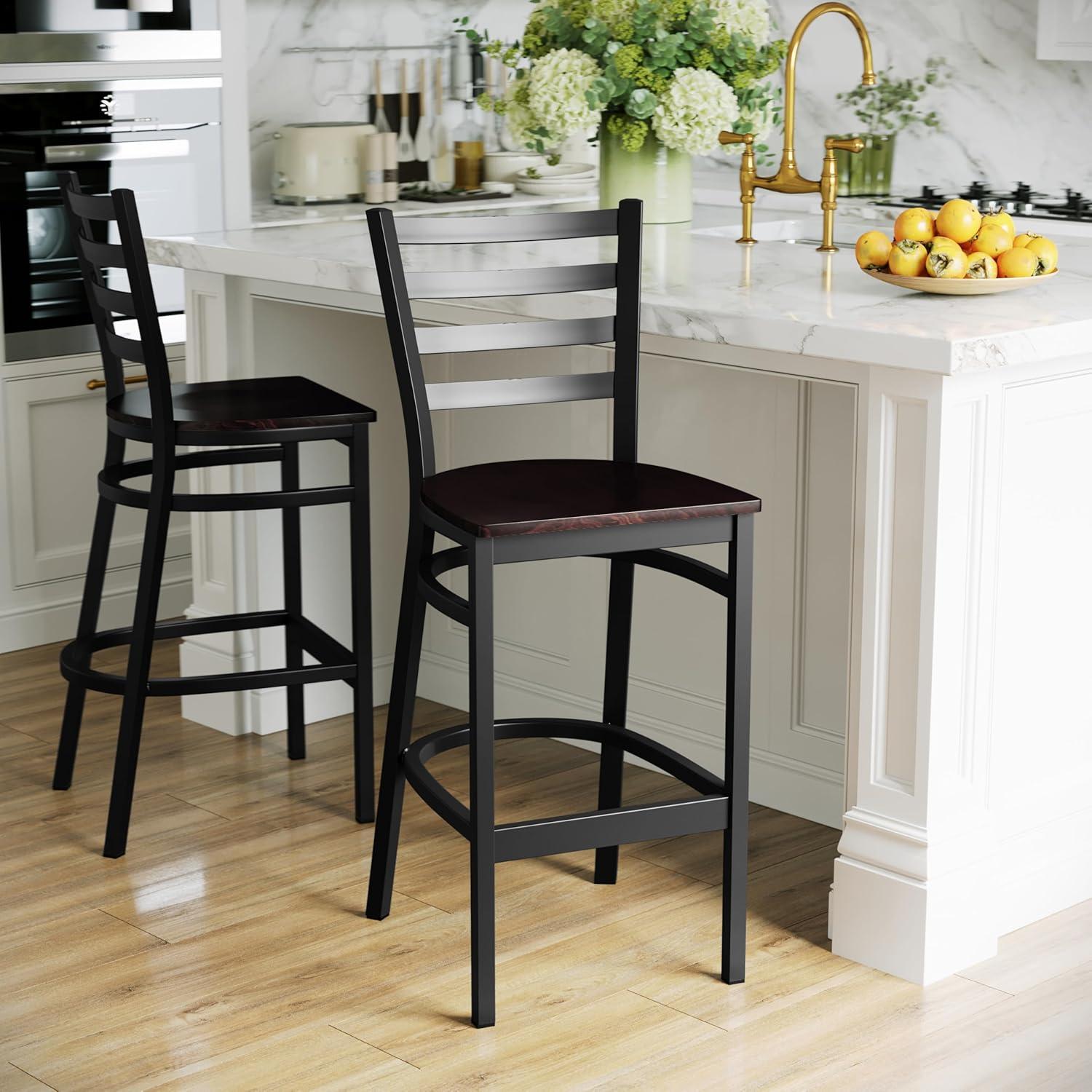 imageFlash Furniture Hercules Series Ladder Back Metal Restaurant Barstool Modern Upholstered Armless Bar Height Chair for Restaurants and Kitchens BlackWalnut Wood SeatBlack Metal Frame