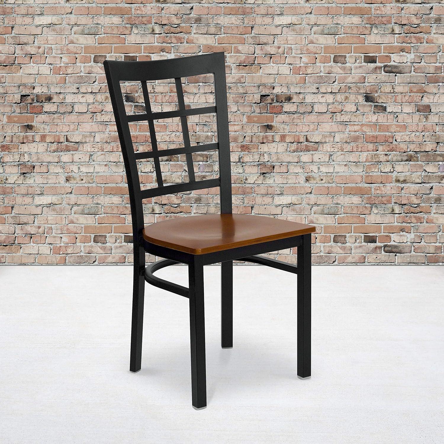 imageFlash Furniture Hercules Series Window Back Metal Restaurant Chair Modern Upholstered Armless Dining Chair for Restaurants and Kitchens BlackCherry Wood SeatBlack Metal Frame