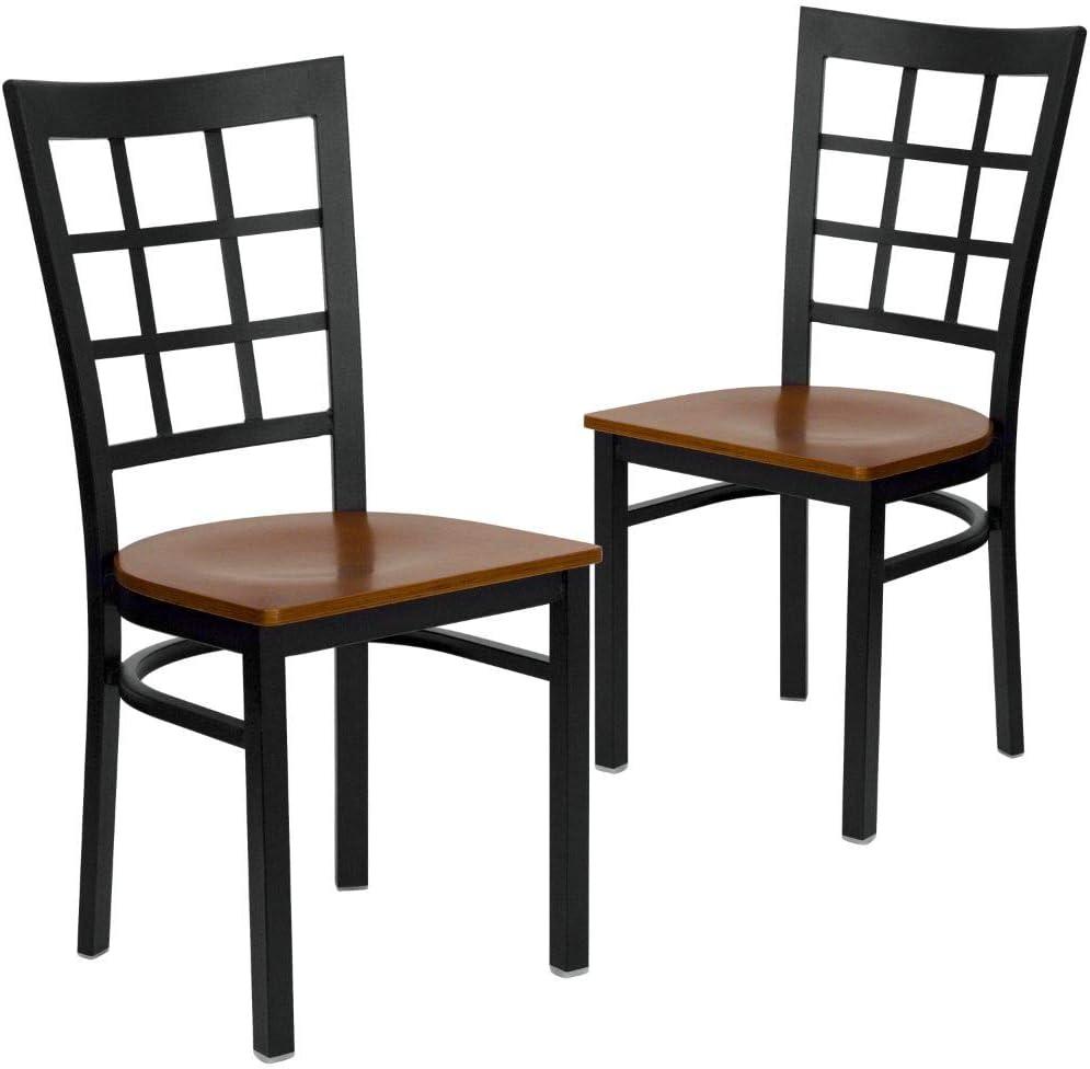 imageFlash Furniture Hercules Series Window Back Metal Restaurant Chair Modern Upholstered Armless Dining Chair for Restaurants and Kitchens BlackCherry Wood SeatBlack Metal Frame