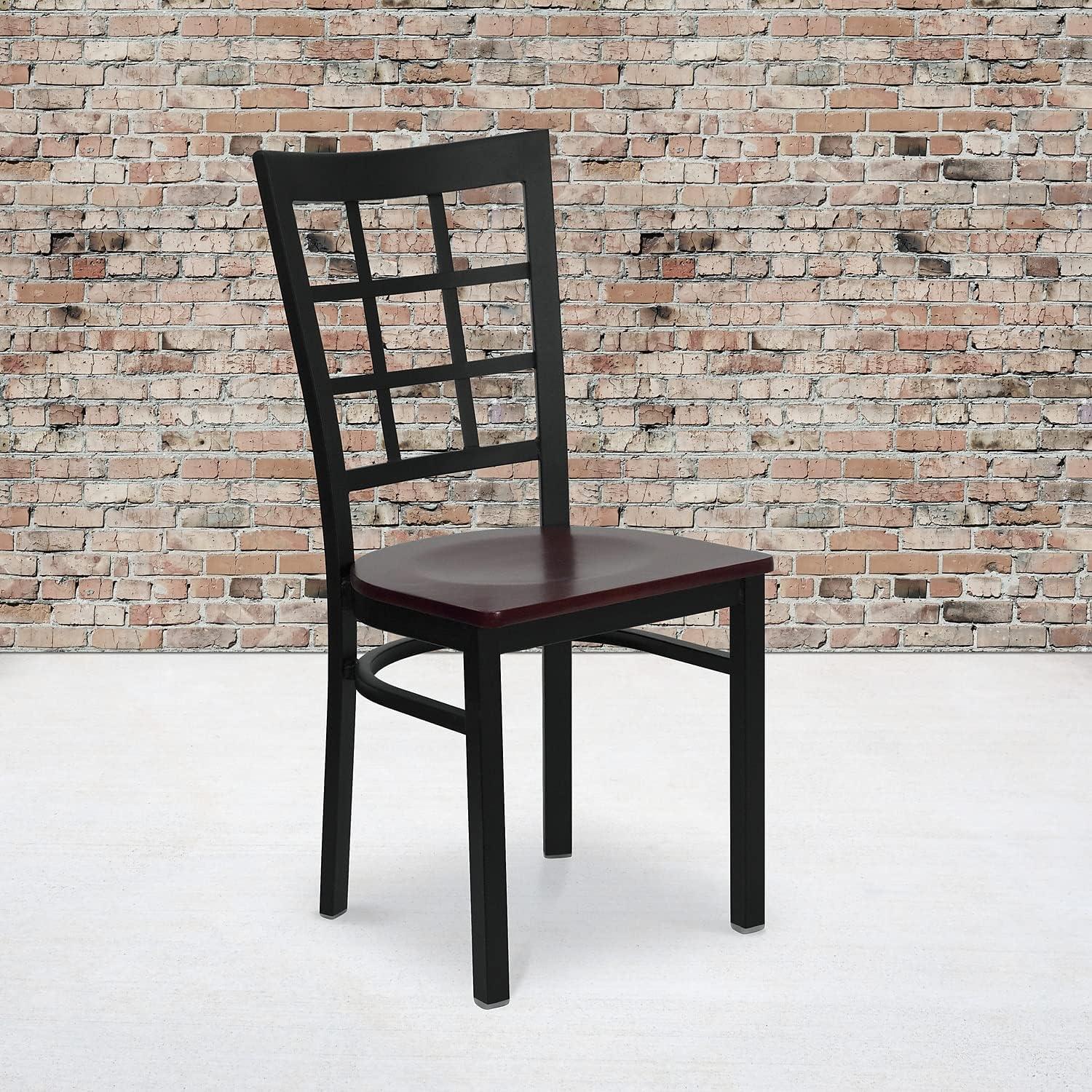 imageFlash Furniture Hercules Series Window Back Metal Restaurant Chair Modern Upholstered Armless Dining Chair for Restaurants and Kitchens BlackMahogany Wood SeatBlack Metal Frame
