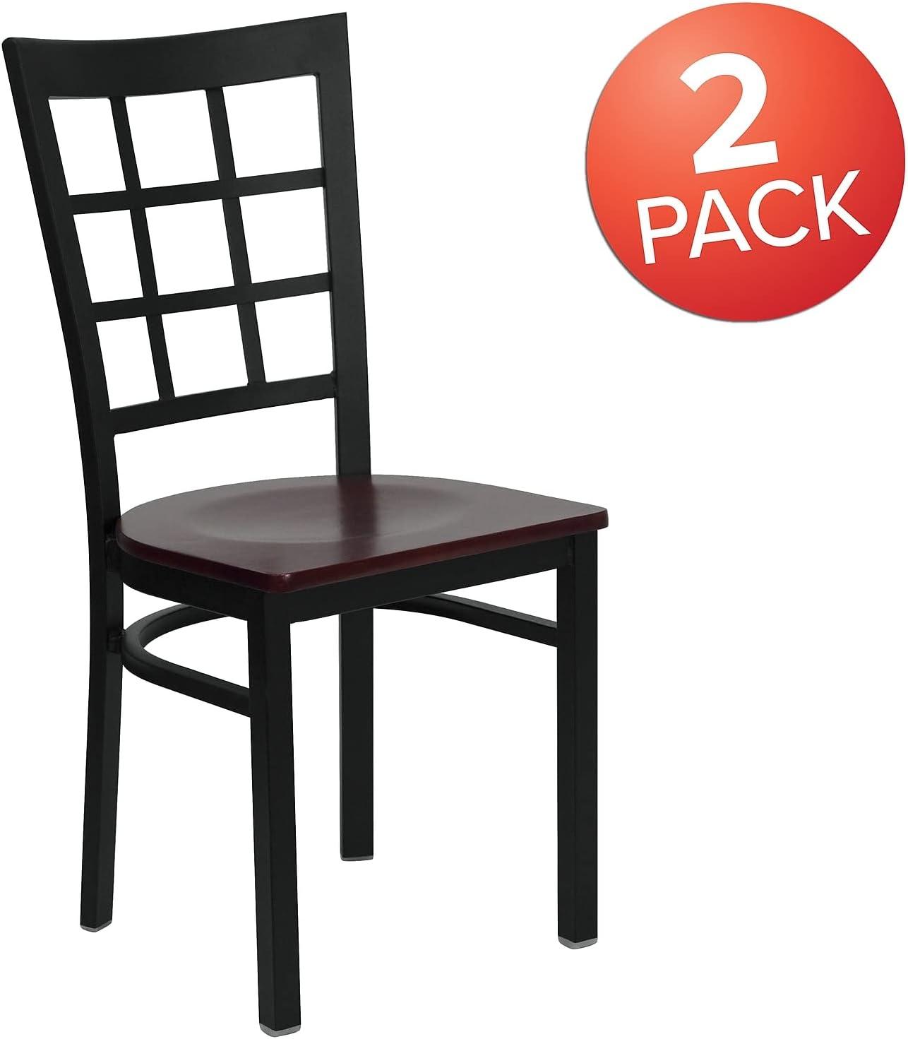 imageFlash Furniture Hercules Series Window Back Metal Restaurant Chair Modern Upholstered Armless Dining Chair for Restaurants and Kitchens BlackMahogany Wood SeatBlack Metal Frame