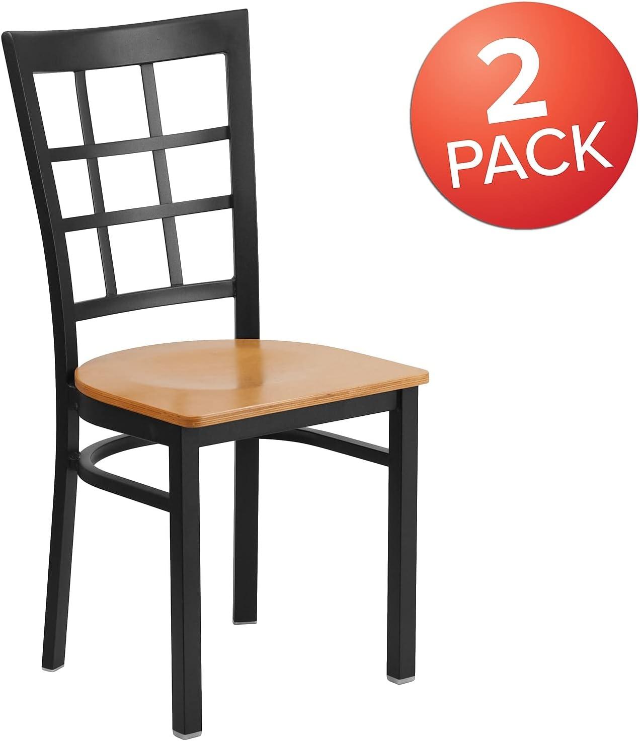 imageFlash Furniture Hercules Series Window Back Metal Restaurant Chair Modern Upholstered Armless Dining Chair for Restaurants and Kitchens BlackNatural Wood SeatBlack Metal Frame