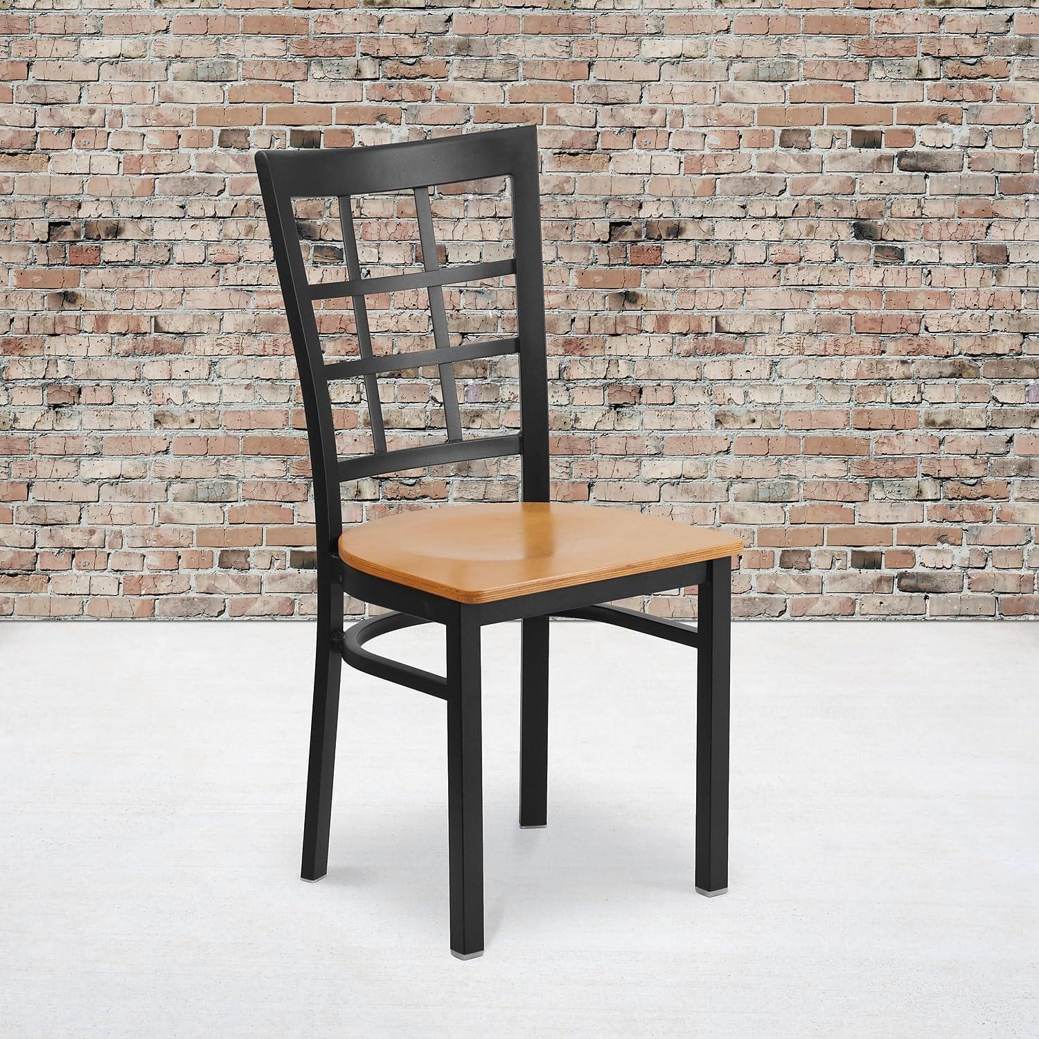 imageFlash Furniture Hercules Series Window Back Metal Restaurant Chair Modern Upholstered Armless Dining Chair for Restaurants and Kitchens BlackNatural Wood SeatBlack Metal Frame