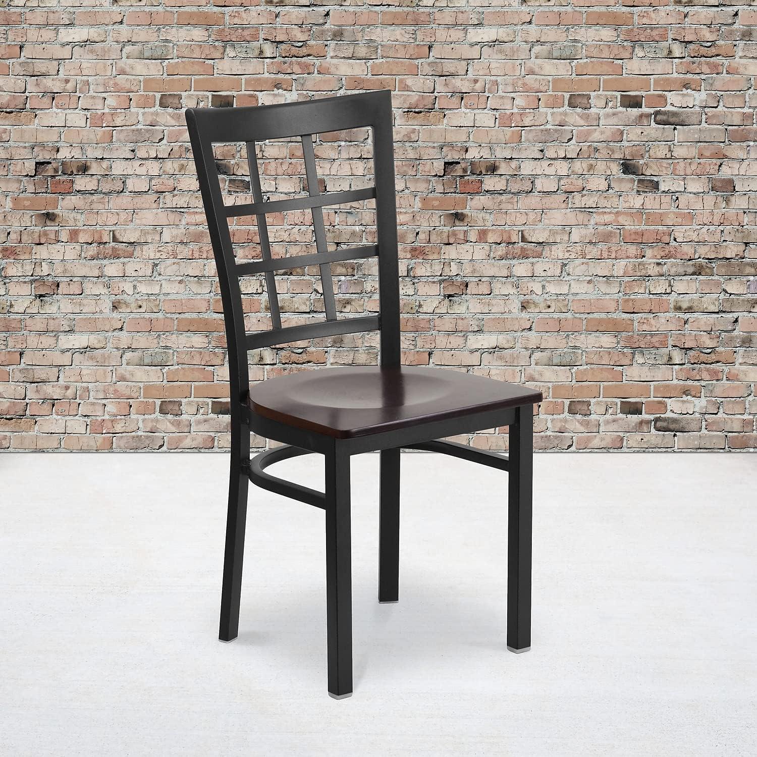 imageFlash Furniture Hercules Series Window Back Metal Restaurant Chair Modern Upholstered Armless Dining Chair for Restaurants and Kitchens BlackWalnut Wood SeatBlack Metal Frame