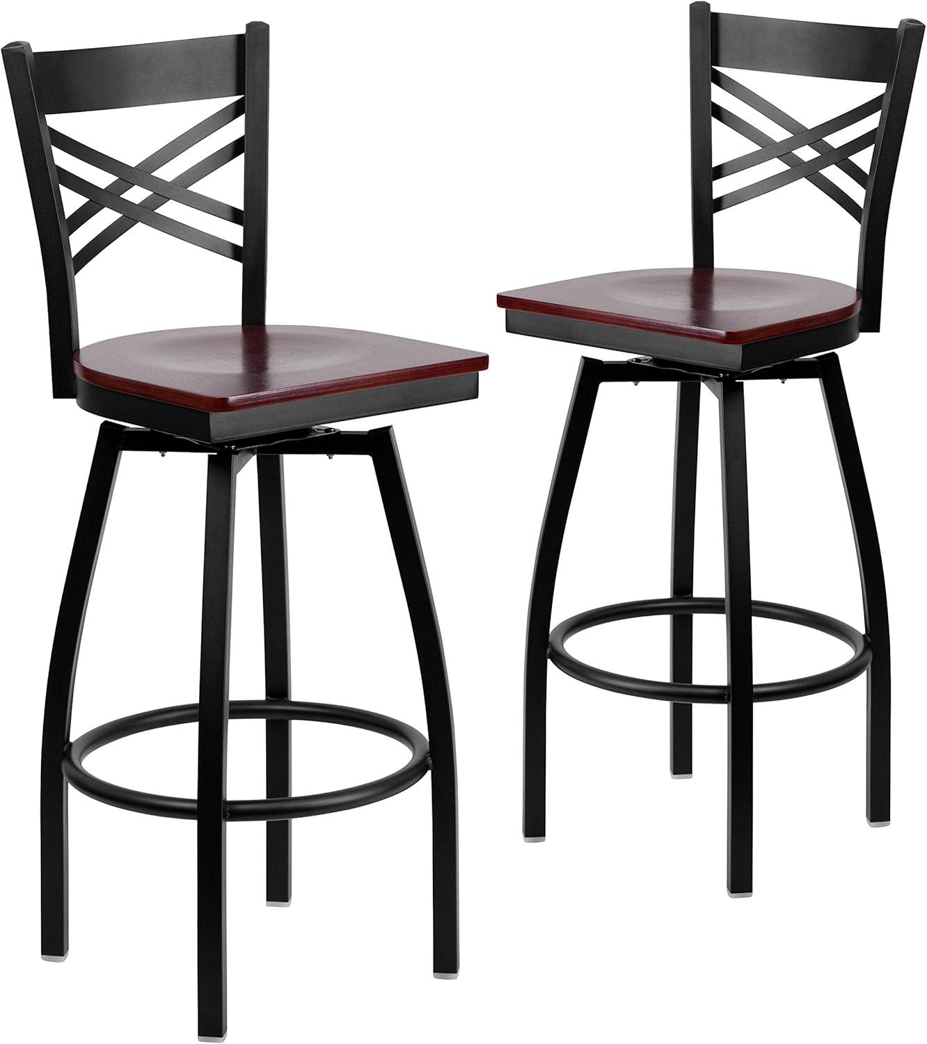imageFlash Furniture Hercules Series quotXquot Back Metal Restaurant Barstool Modern Upholstered Armless Bar Height Chair for Restaurants and Kitchens BlackMahogany Wood SeatBlack Metal Frame