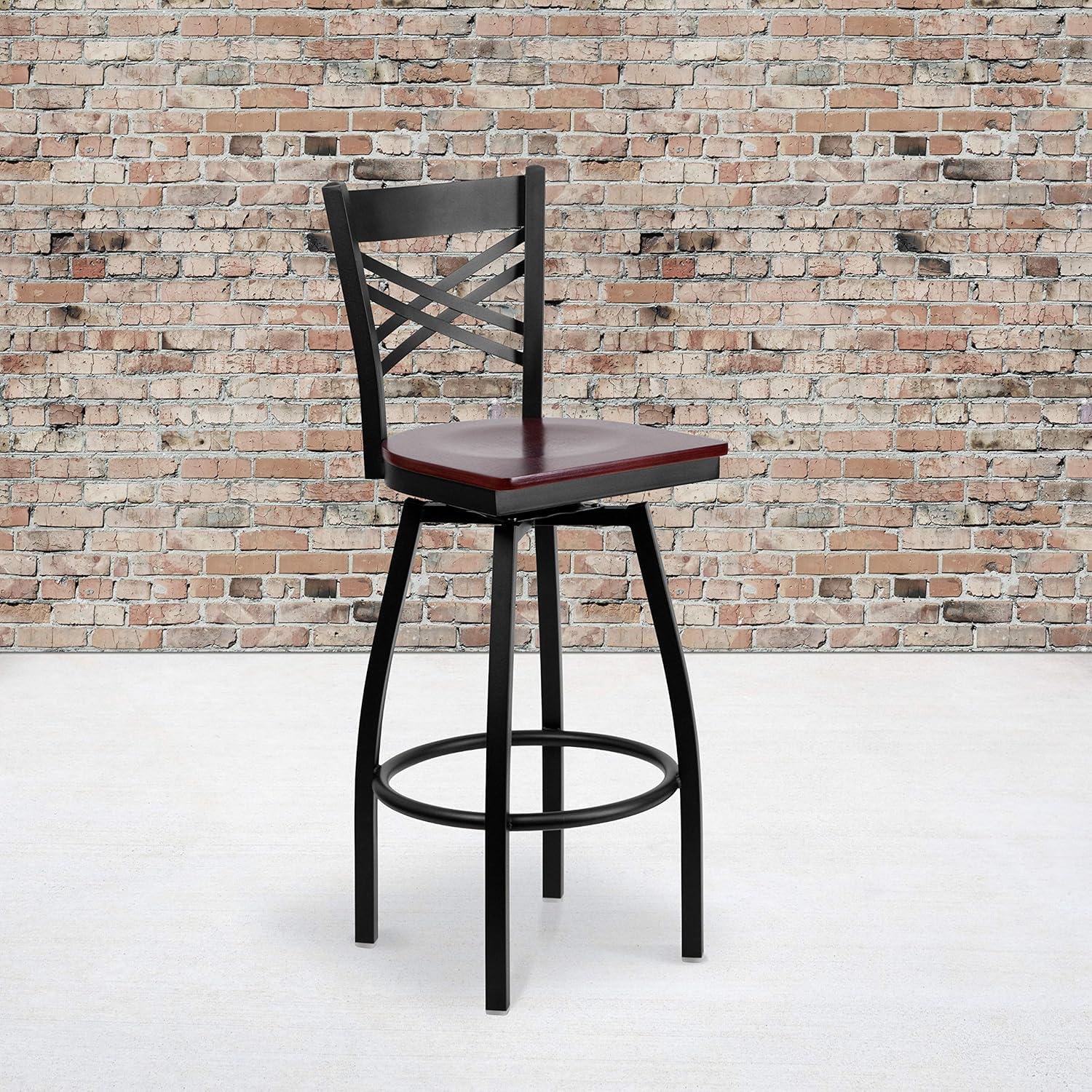 imageFlash Furniture Hercules Series quotXquot Back Metal Restaurant Barstool Modern Upholstered Armless Bar Height Chair for Restaurants and Kitchens BlackMahogany Wood SeatBlack Metal Frame