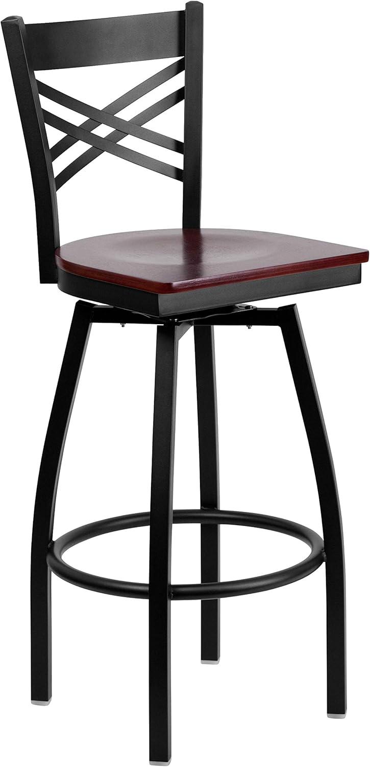 imageFlash Furniture Hercules Series quotXquot Back Metal Restaurant Barstool Modern Upholstered Armless Bar Height Chair for Restaurants and Kitchens BlackMahogany Wood SeatBlack Metal Frame