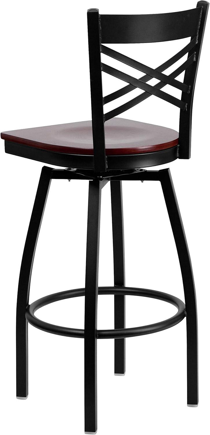 imageFlash Furniture Hercules Series quotXquot Back Metal Restaurant Barstool Modern Upholstered Armless Bar Height Chair for Restaurants and Kitchens BlackMahogany Wood SeatBlack Metal Frame
