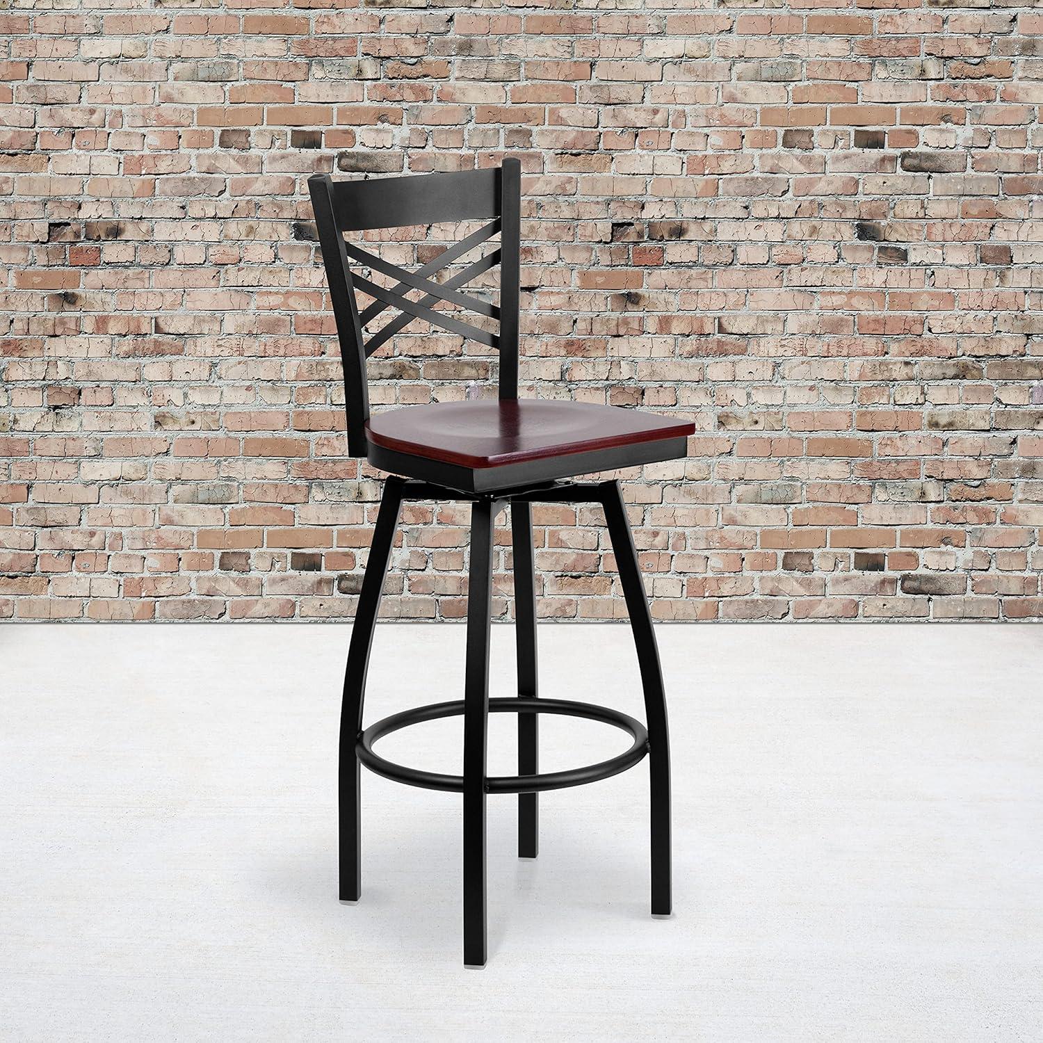 imageFlash Furniture Hercules Series quotXquot Back Metal Restaurant Barstool Modern Upholstered Armless Bar Height Chair for Restaurants and Kitchens BlackMahogany Wood SeatBlack Metal Frame