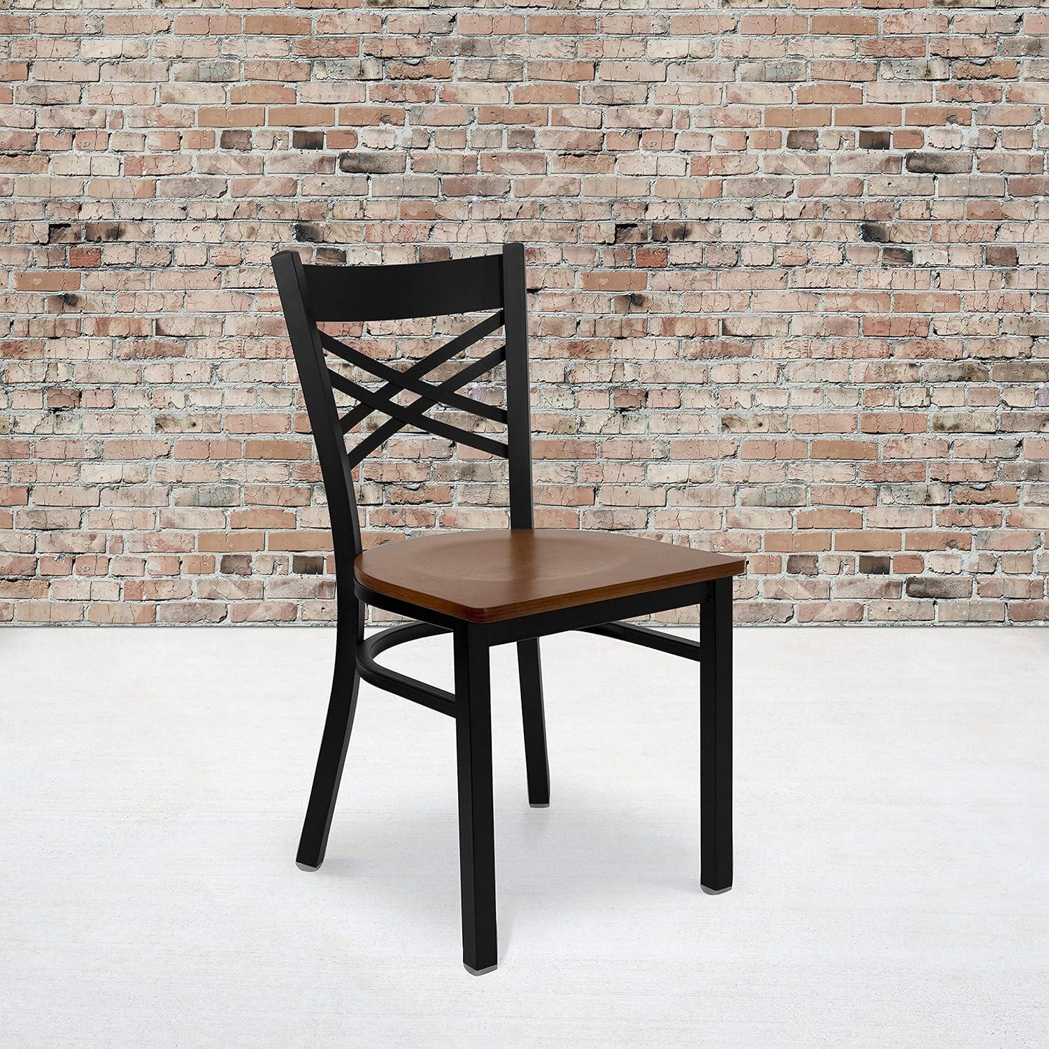 imageFlash Furniture Hercules Series quotXquot Back Metal Restaurant Chair Modern Upholstered Armless Dining Chair for Restaurants and Kitchens BlackCherry Wood SeatBlack Metal Frame
