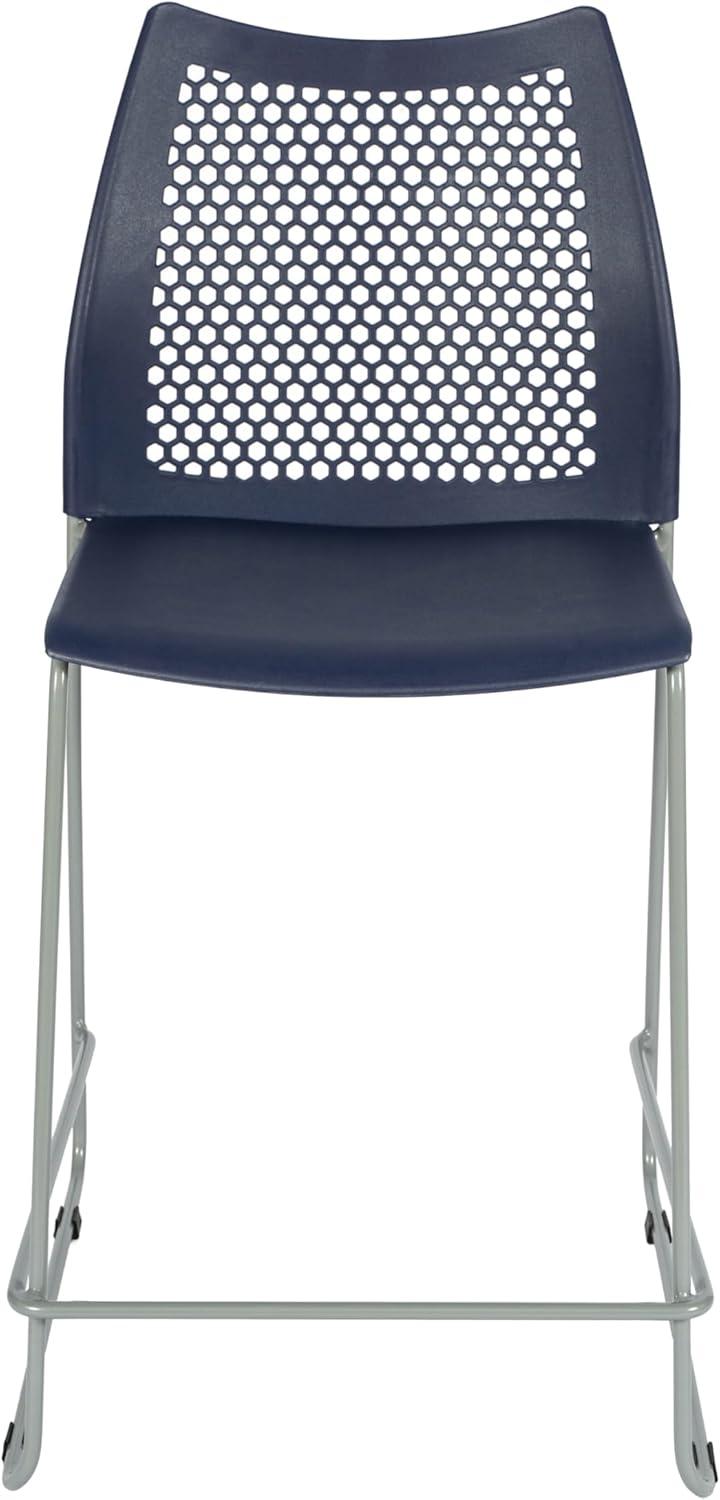imageFlash Furniture Hercules Stacking Counter Height Stool with Vented Backrest and Gray Powder Coated Steel Sled Base with Integrated Footrest Commercial Portable Stool NavyNavy PlasticGray Frame