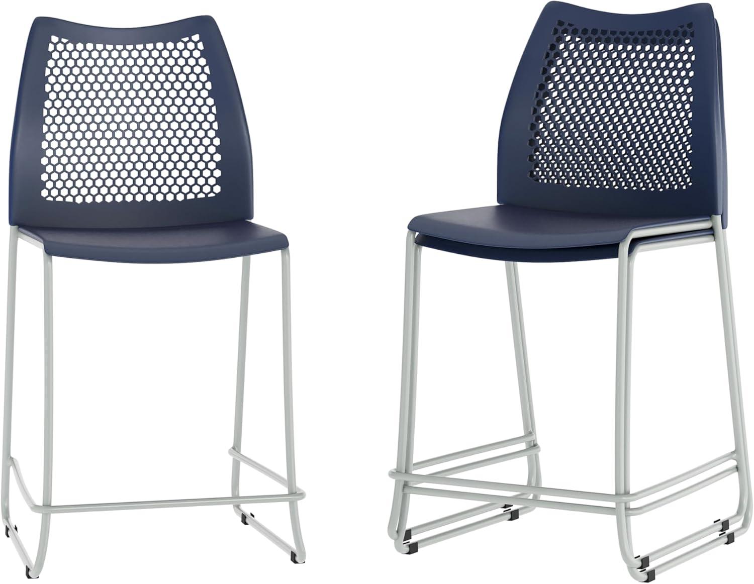 imageFlash Furniture Hercules Stacking Counter Height Stool with Vented Backrest and Gray Powder Coated Steel Sled Base with Integrated Footrest Commercial Portable Stool NavyNavy PlasticGray Frame