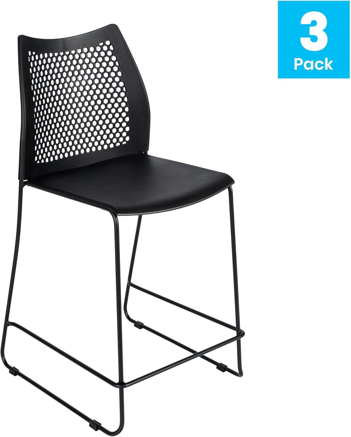 imageFlash Furniture Hercules Stacking Counter Height Stool with Vented Backrest and Gray Powder Coated Steel Sled Base with Integrated Footrest Commercial Portable Stool NavyBlack PlasticBlack Frame