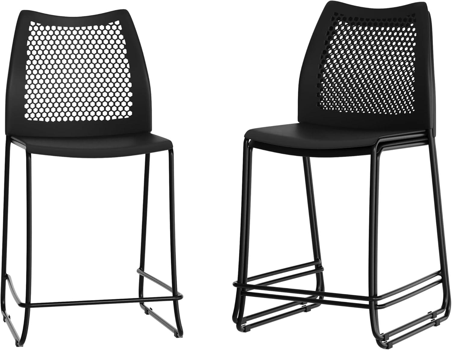 imageFlash Furniture Hercules Stacking Counter Height Stool with Vented Backrest and Gray Powder Coated Steel Sled Base with Integrated Footrest Commercial Portable Stool NavyBlack PlasticBlack Frame