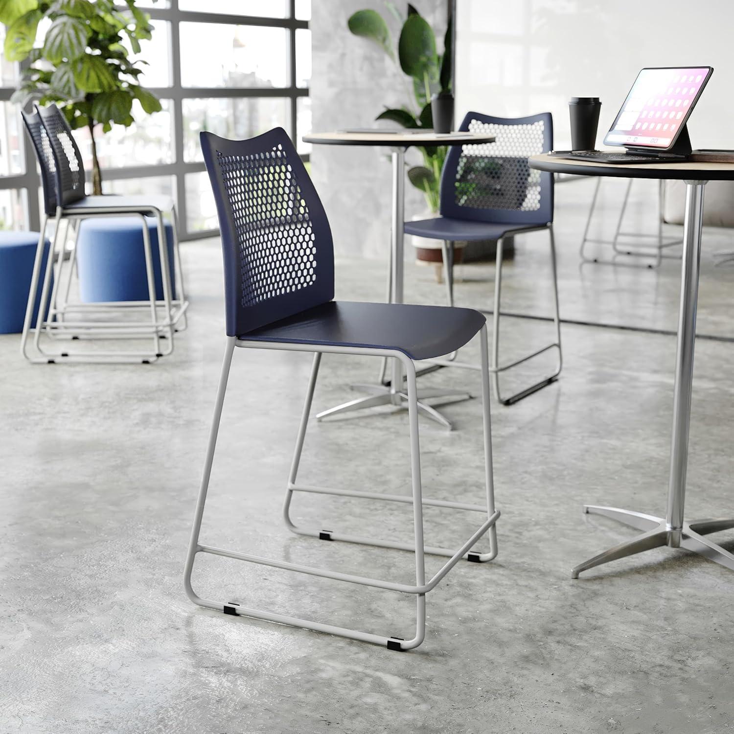 imageFlash Furniture Hercules Stacking Counter Height Stool with Vented Backrest and Gray Powder Coated Steel Sled Base with Integrated Footrest Commercial Portable Stool NavyNavy PlasticGray Frame