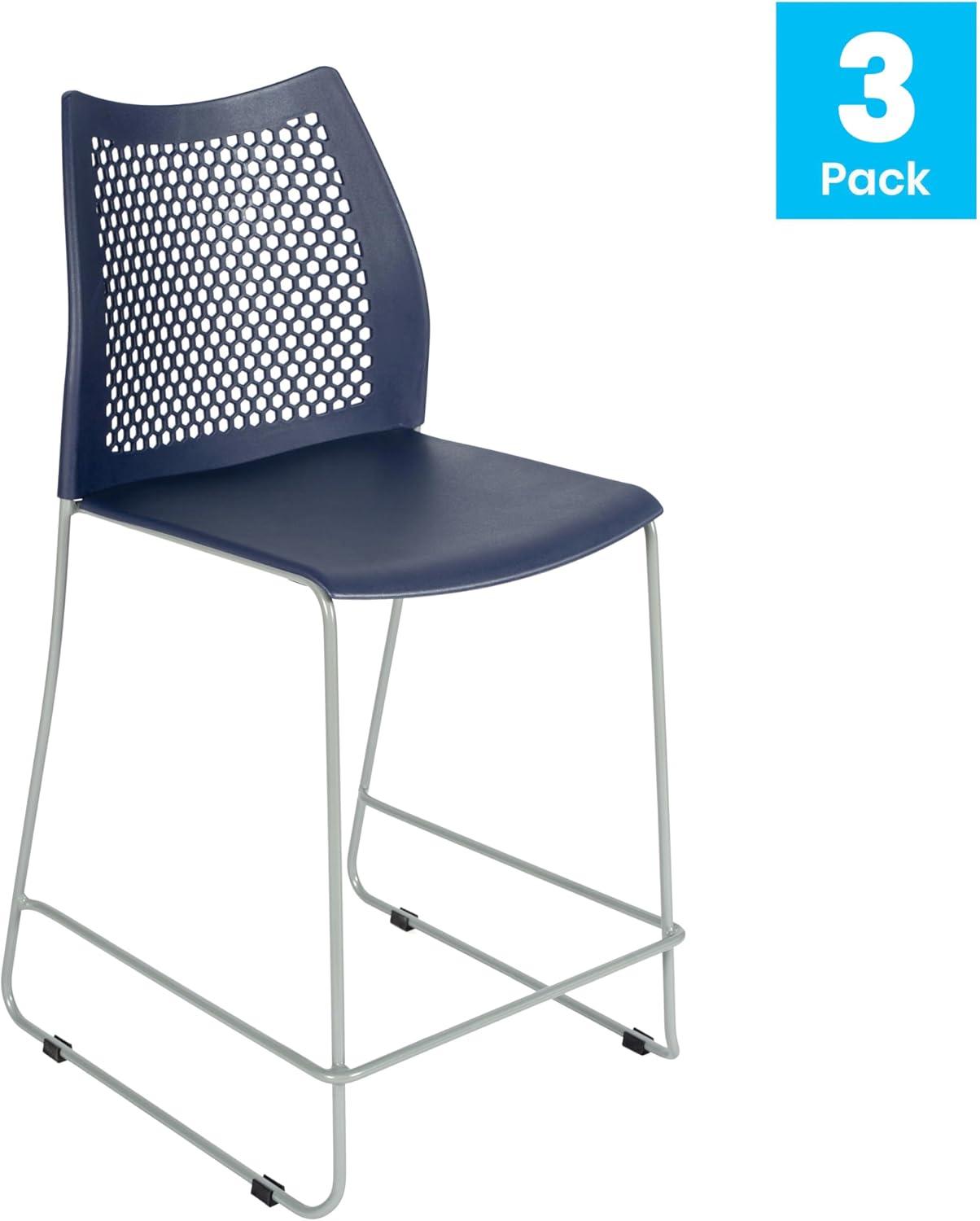 imageFlash Furniture Hercules Stacking Counter Height Stool with Vented Backrest and Gray Powder Coated Steel Sled Base with Integrated Footrest Commercial Portable Stool NavyNavy PlasticGray Frame