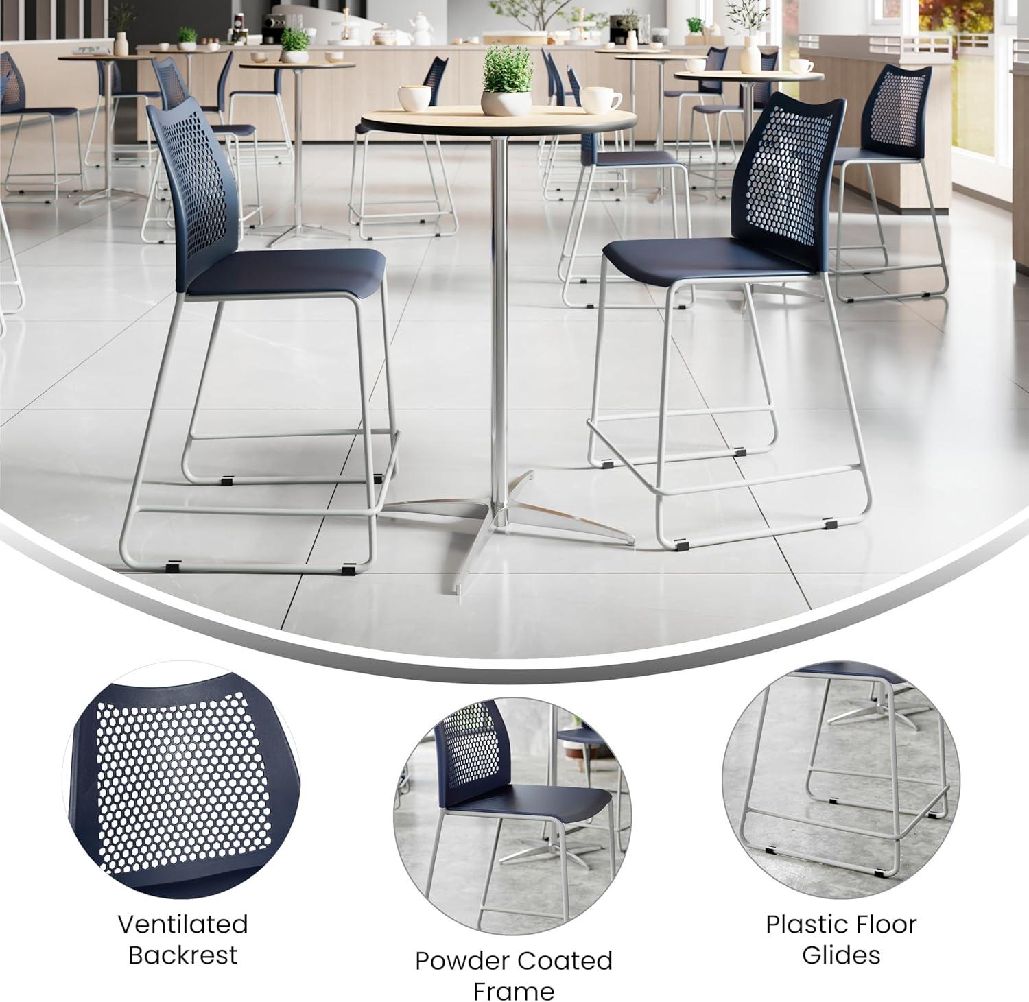 imageFlash Furniture Hercules Stacking Counter Height Stool with Vented Backrest and Gray Powder Coated Steel Sled Base with Integrated Footrest Commercial Portable Stool NavyNavy PlasticGray Frame