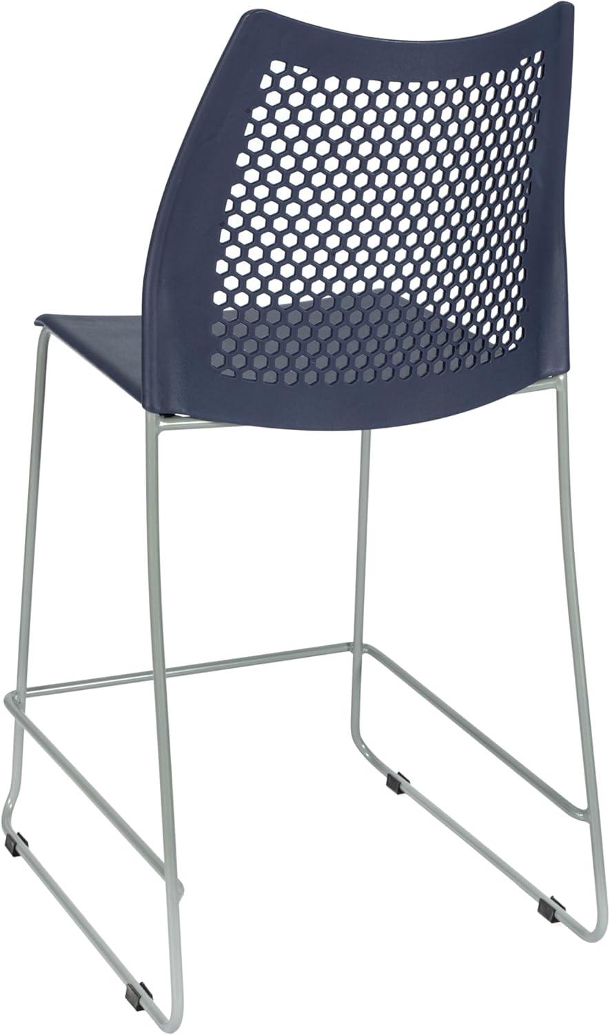 imageFlash Furniture Hercules Stacking Counter Height Stool with Vented Backrest and Gray Powder Coated Steel Sled Base with Integrated Footrest Commercial Portable Stool NavyNavy PlasticGray Frame