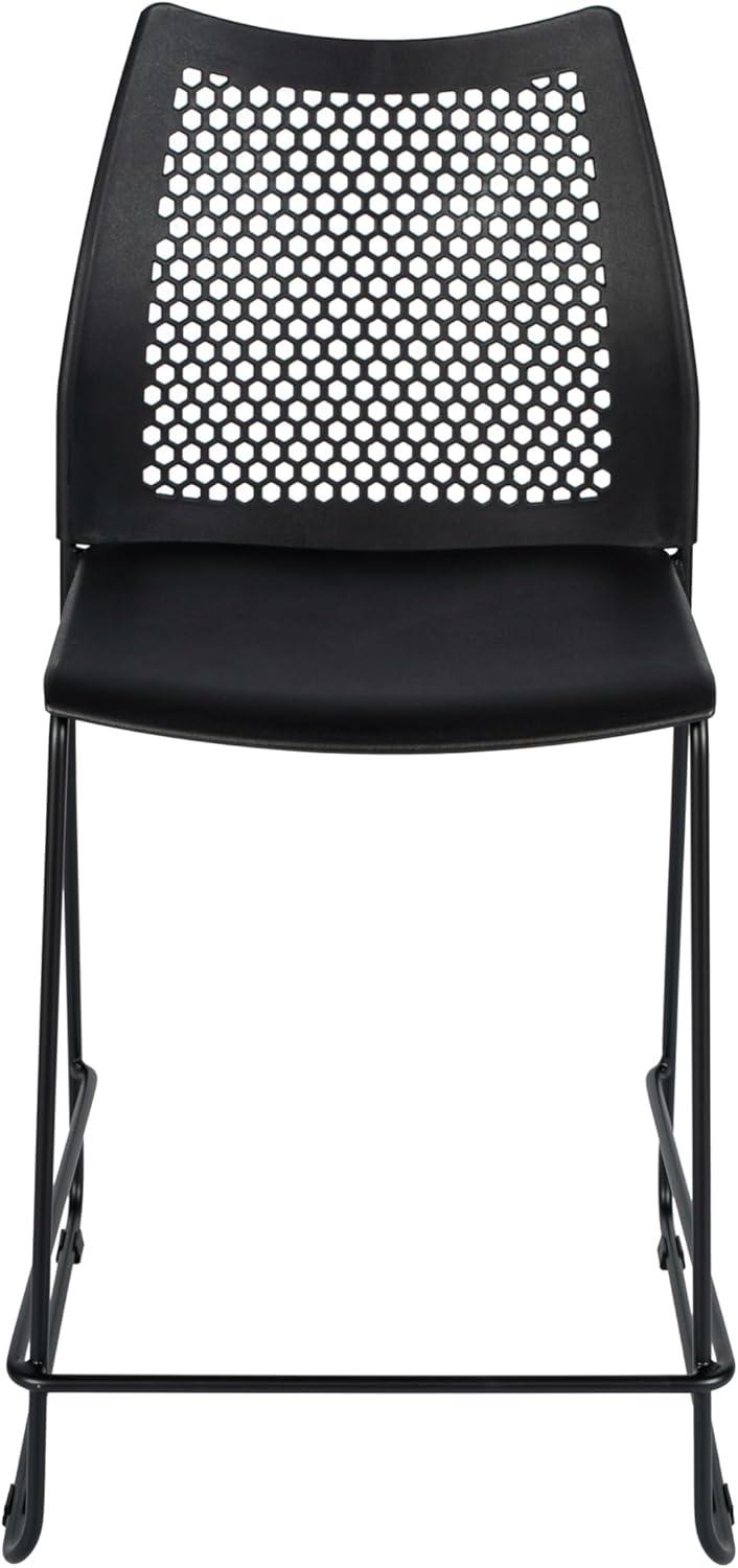 imageFlash Furniture Hercules Stacking Counter Height Stool with Vented Backrest and Gray Powder Coated Steel Sled Base with Integrated Footrest Commercial Portable Stool NavyBlack PlasticBlack Frame