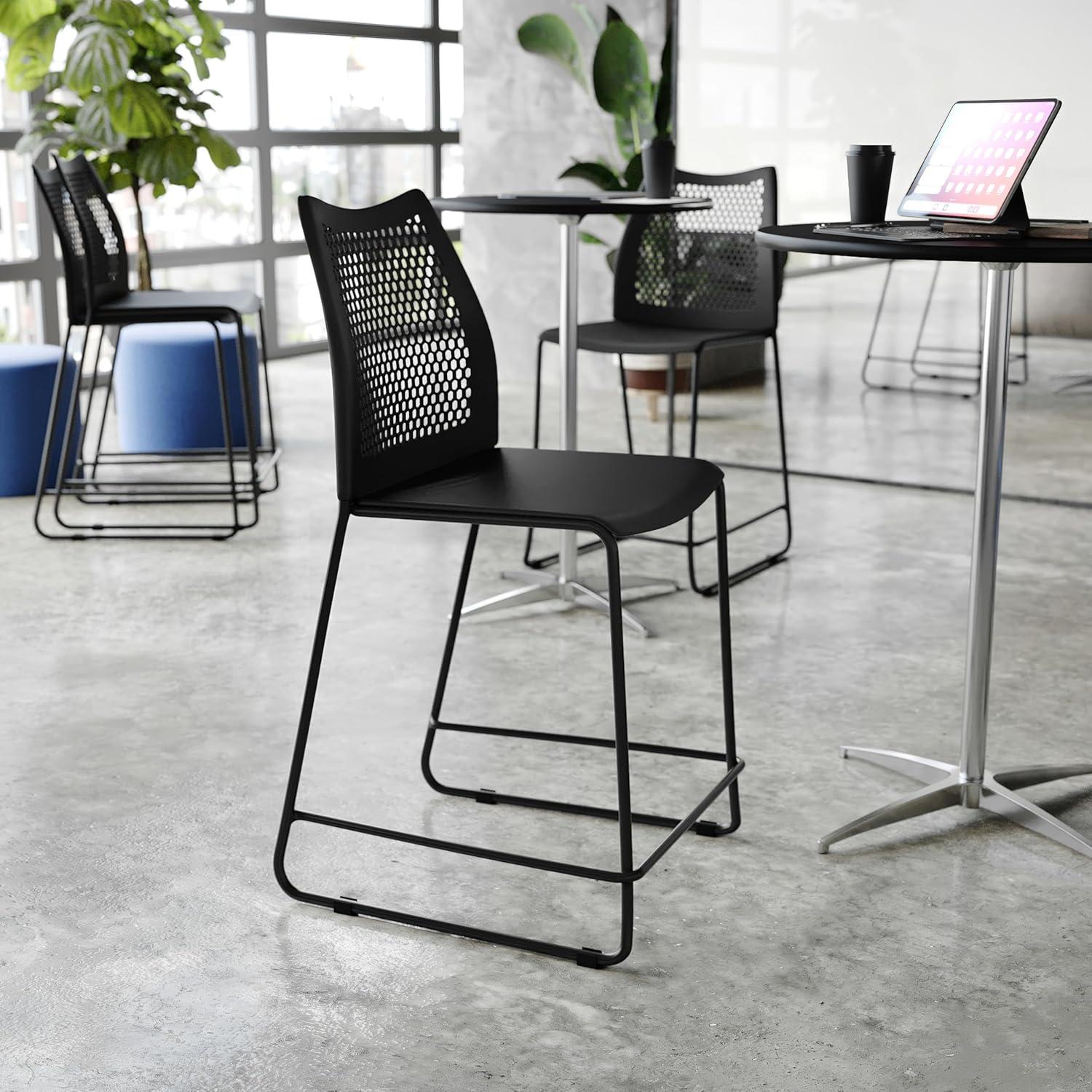imageFlash Furniture Hercules Stacking Counter Height Stool with Vented Backrest and Gray Powder Coated Steel Sled Base with Integrated Footrest Commercial Portable Stool NavyBlack PlasticBlack Frame