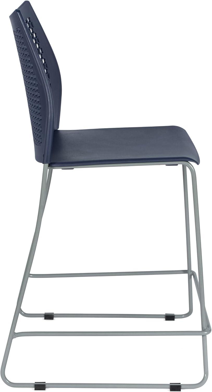 imageFlash Furniture Hercules Stacking Counter Height Stool with Vented Backrest and Gray Powder Coated Steel Sled Base with Integrated Footrest Commercial Portable Stool NavyNavy PlasticGray Frame