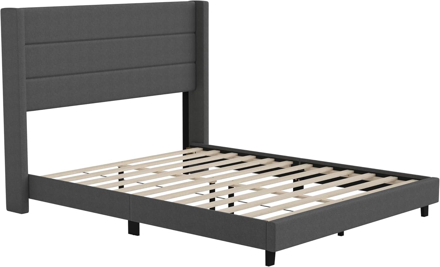 imageFlash Furniture Hollis Upholstered Platform Bed Gray Faux Linen Wingback Headboard King Mattress Foundation with Slatted Supports No Box Spring NeededCharcoal