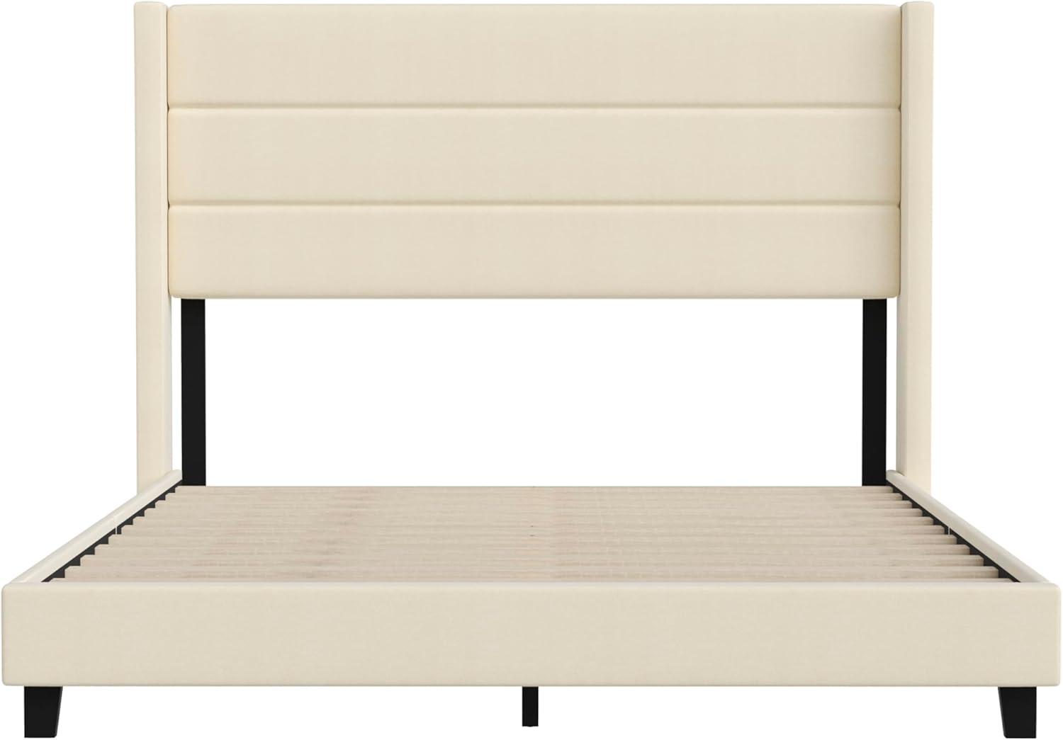 imageFlash Furniture Hollis Upholstered Platform Bed Gray Faux Linen Wingback Headboard King Mattress Foundation with Slatted Supports No Box Spring NeededBeige