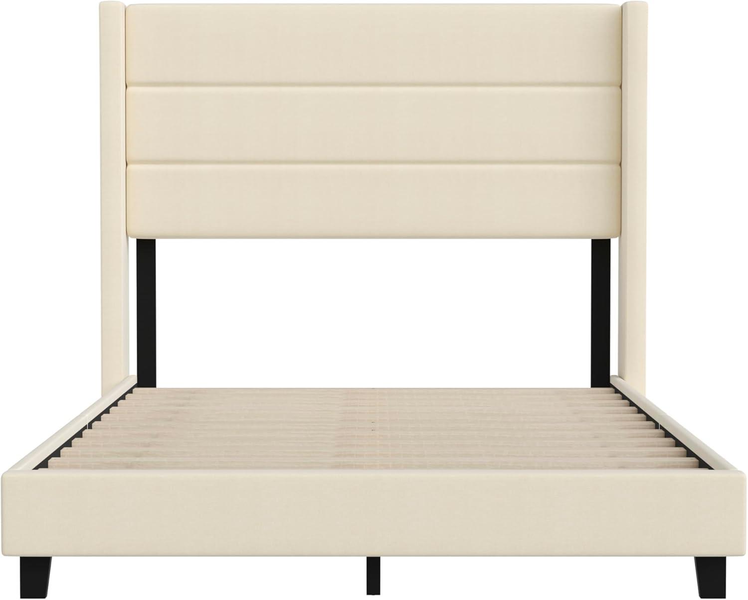 imageFlash Furniture Hollis Upholstered Platform Bed Gray Faux Linen Wingback Headboard King Mattress Foundation with Slatted Supports No Box Spring NeededBeige