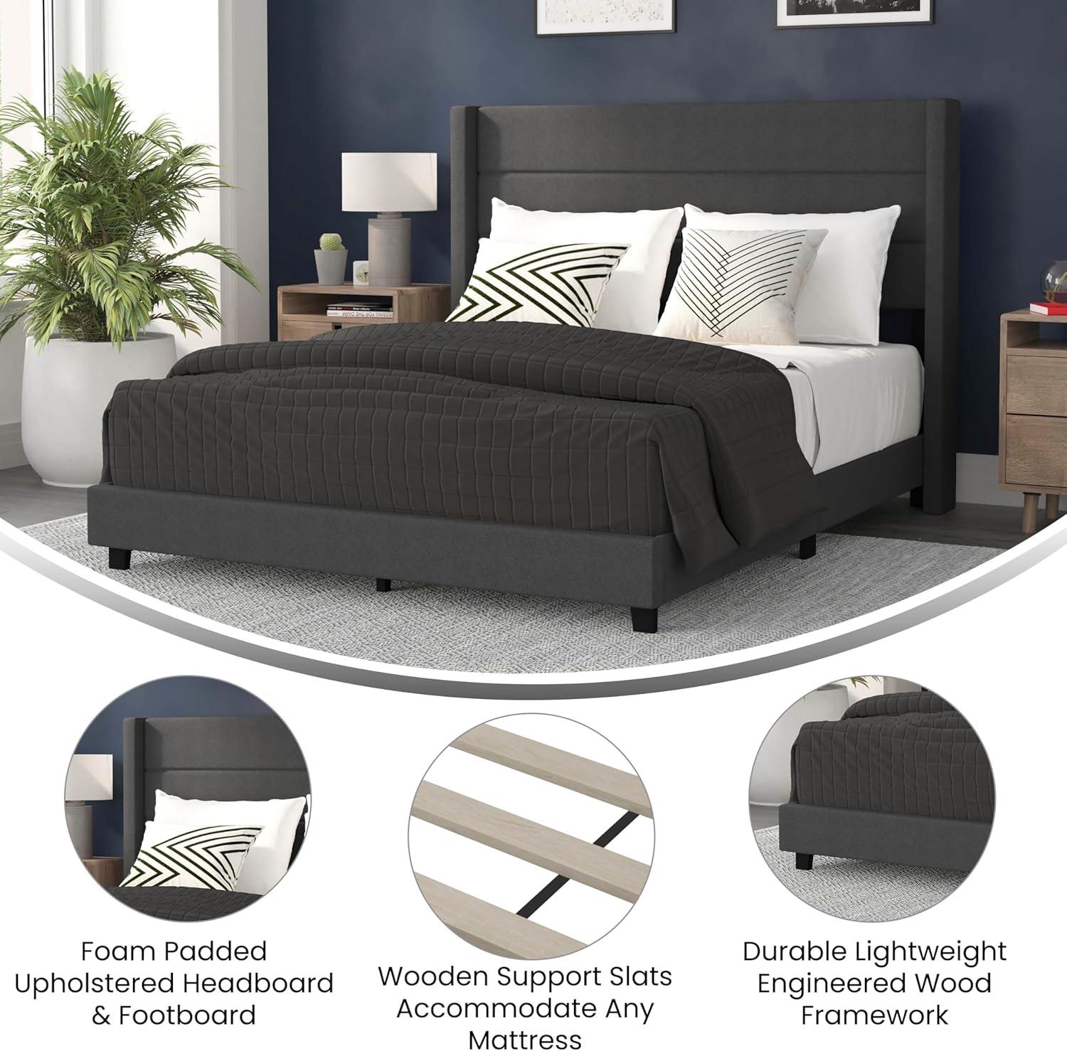 imageFlash Furniture Hollis Upholstered Platform Bed Gray Faux Linen Wingback Headboard King Mattress Foundation with Slatted Supports No Box Spring NeededCharcoal