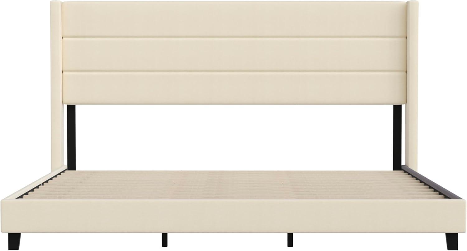 imageFlash Furniture Hollis Upholstered Platform Bed Gray Faux Linen Wingback Headboard King Mattress Foundation with Slatted Supports No Box Spring NeededBeige