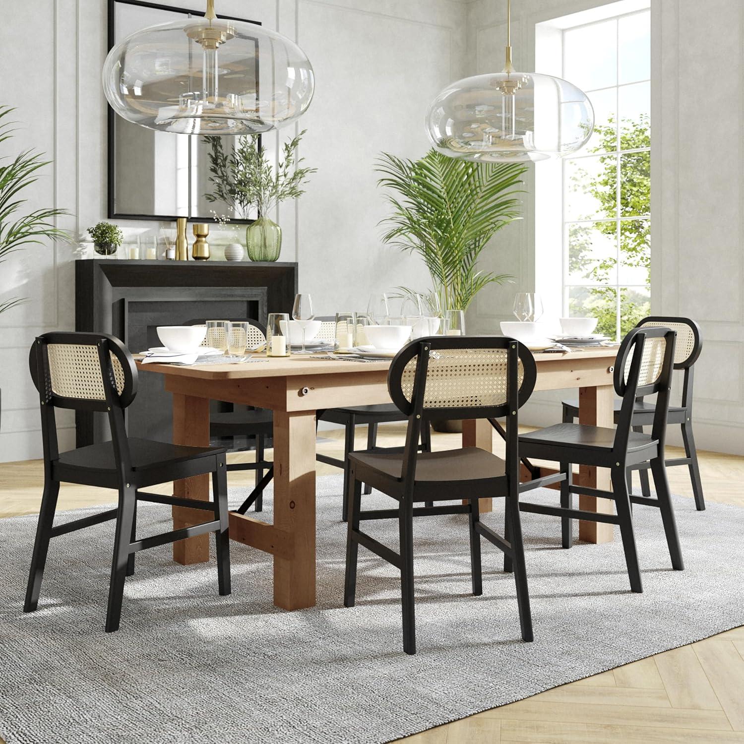 imageFlash Furniture Jacob Cane Rattan Dining Chairs Solid Wood Frame ampamp Seat Oval Breathable Backrest Commercial Grade Pack of 2 NaturalBlackBlack
