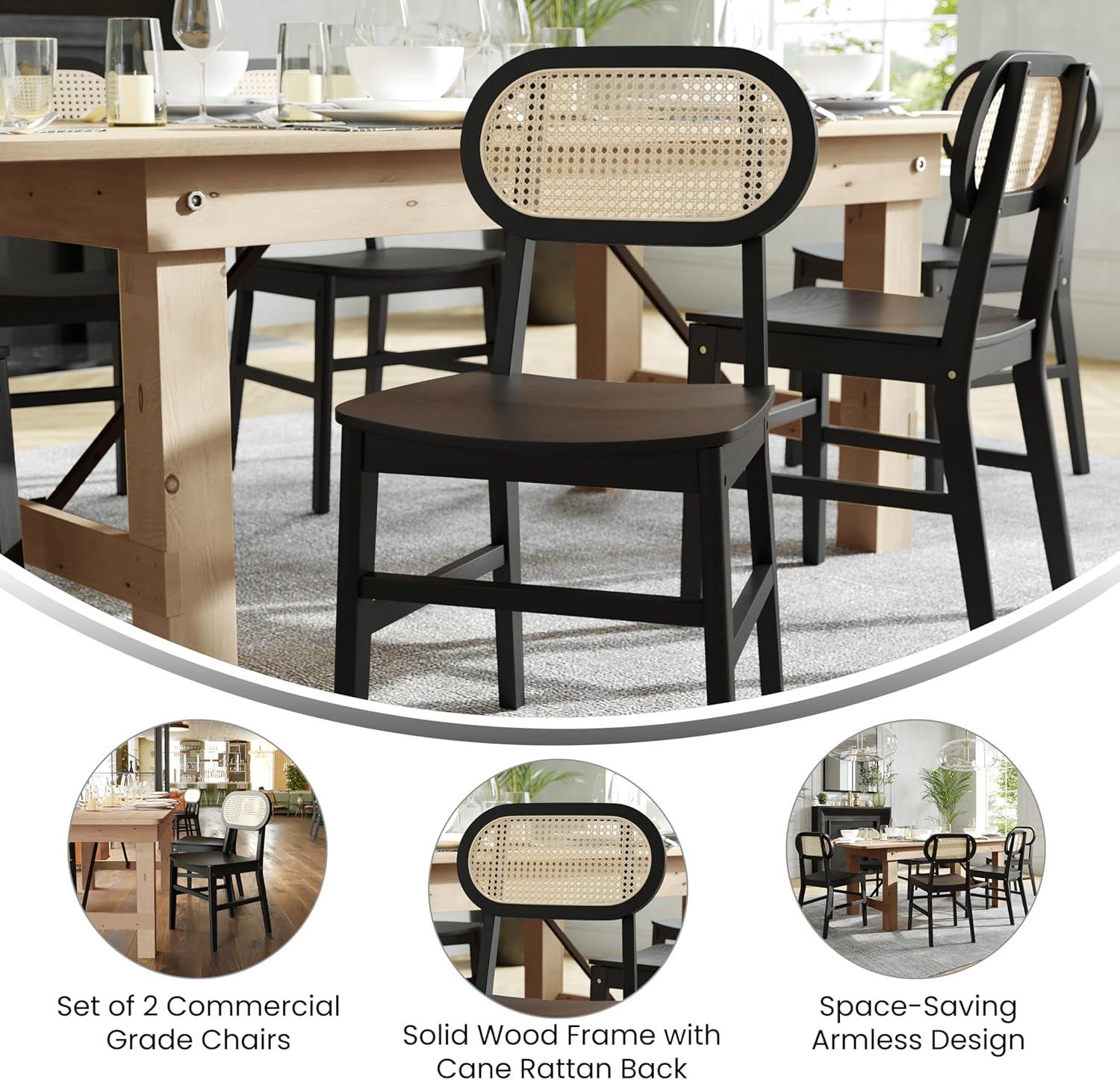 imageFlash Furniture Jacob Cane Rattan Dining Chairs Solid Wood Frame ampamp Seat Oval Breathable Backrest Commercial Grade Pack of 2 NaturalBlackBlack