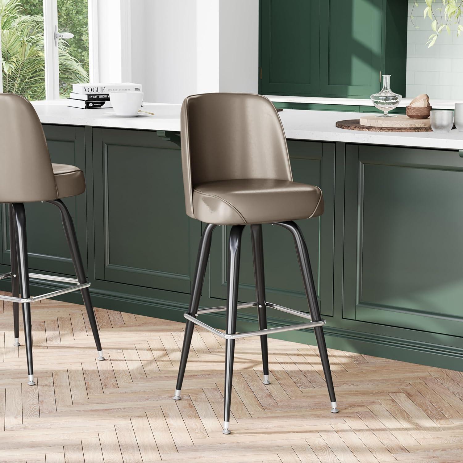imageFlash Furniture James 2 Pack Metal Barstool with Upholstered Swivel BucketSeat and Integrated FootrestBeige