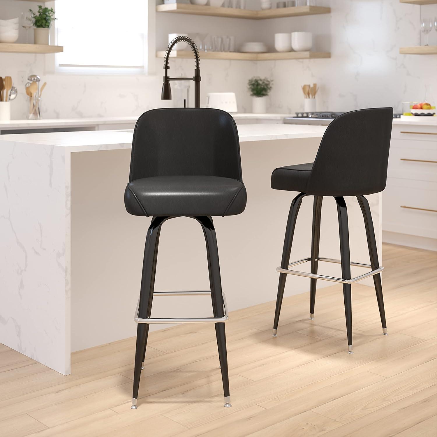 imageFlash Furniture James 2 Pack Metal Barstool with Upholstered Swivel BucketSeat and Integrated FootrestBlack