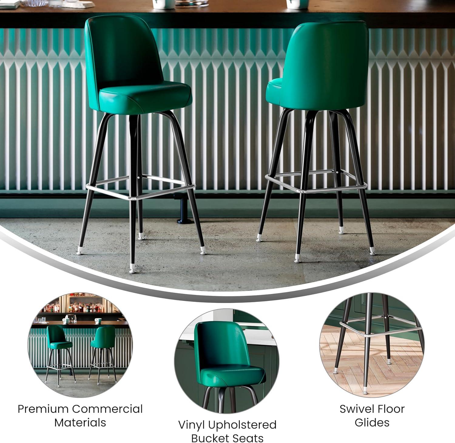 imageFlash Furniture James 2 Pack Metal Barstool with Upholstered Swivel BucketSeat and Integrated FootrestGreen
