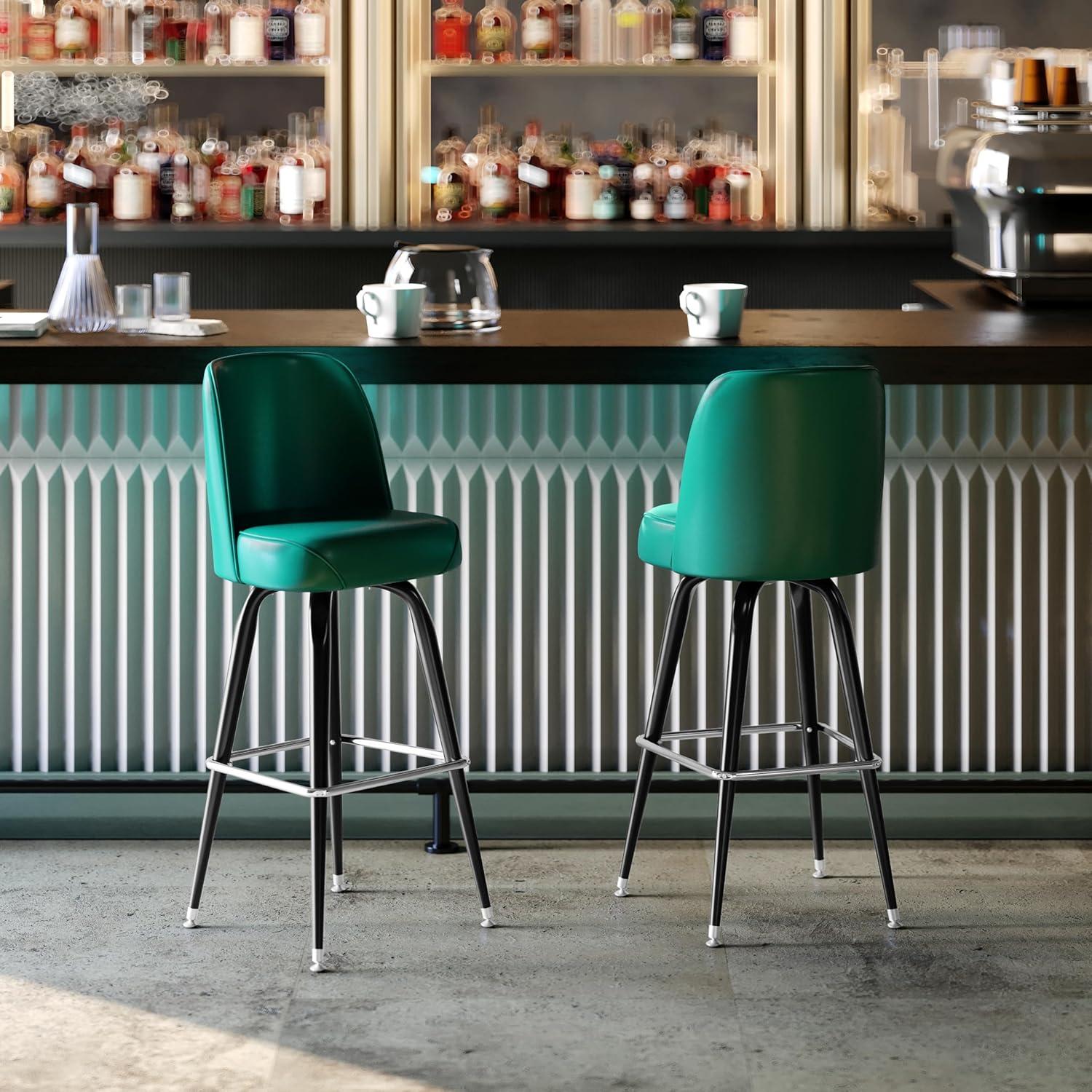 imageFlash Furniture James 2 Pack Metal Barstool with Upholstered Swivel BucketSeat and Integrated FootrestGreen