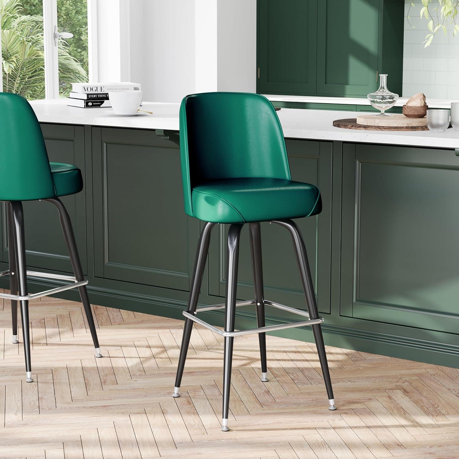imageFlash Furniture James 2 Pack Metal Barstool with Upholstered Swivel BucketSeat and Integrated FootrestGreen