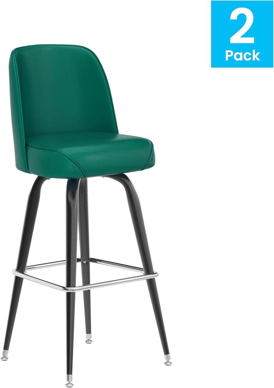 imageFlash Furniture James 2 Pack Metal Barstool with Upholstered Swivel BucketSeat and Integrated FootrestGreen