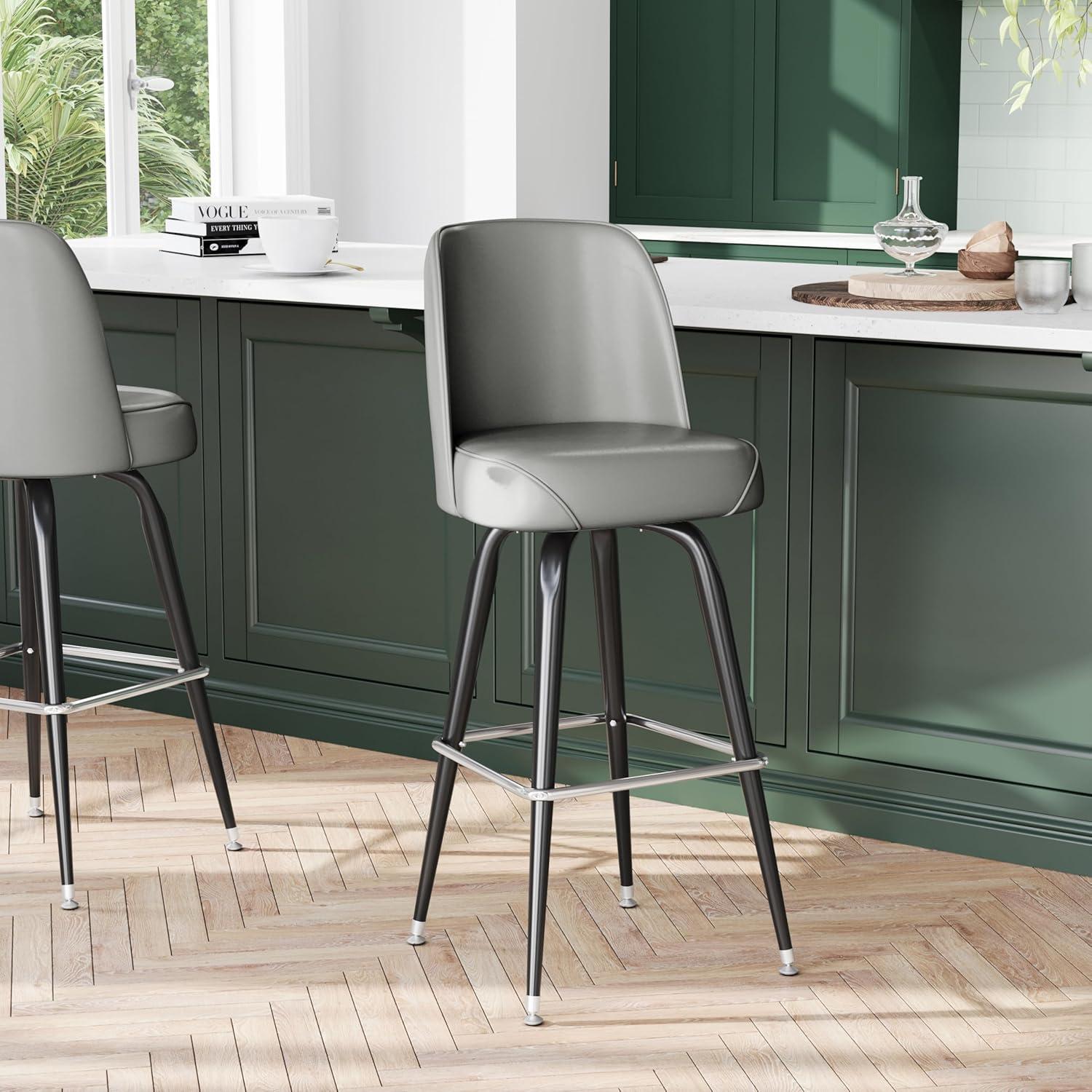 imageFlash Furniture James 2 Pack Metal Barstool with Upholstered Swivel BucketSeat and Integrated FootrestGrey
